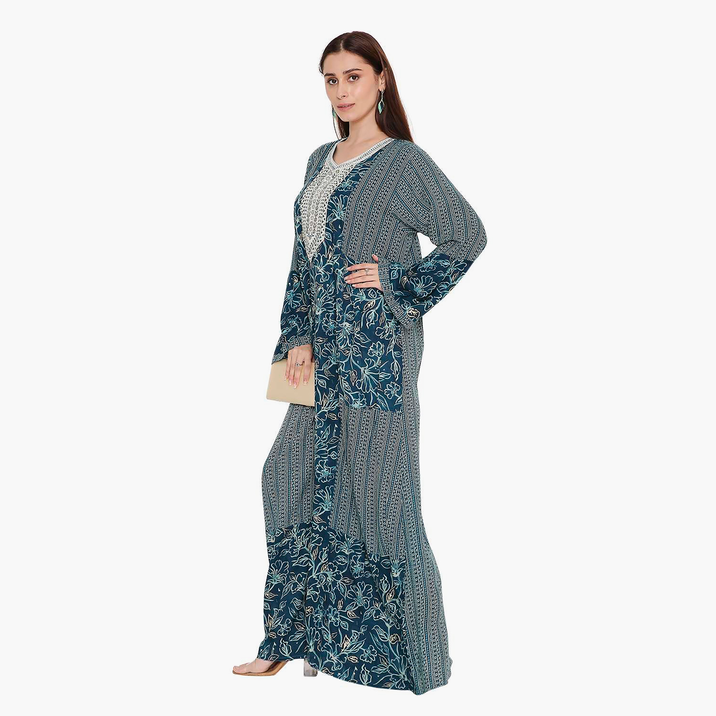Hana & Sara Green Flared Sleeves Floral Printed and Embroidered Yoke Women's Jalabiya-women-arabicclothing-jalabiyas-image-4