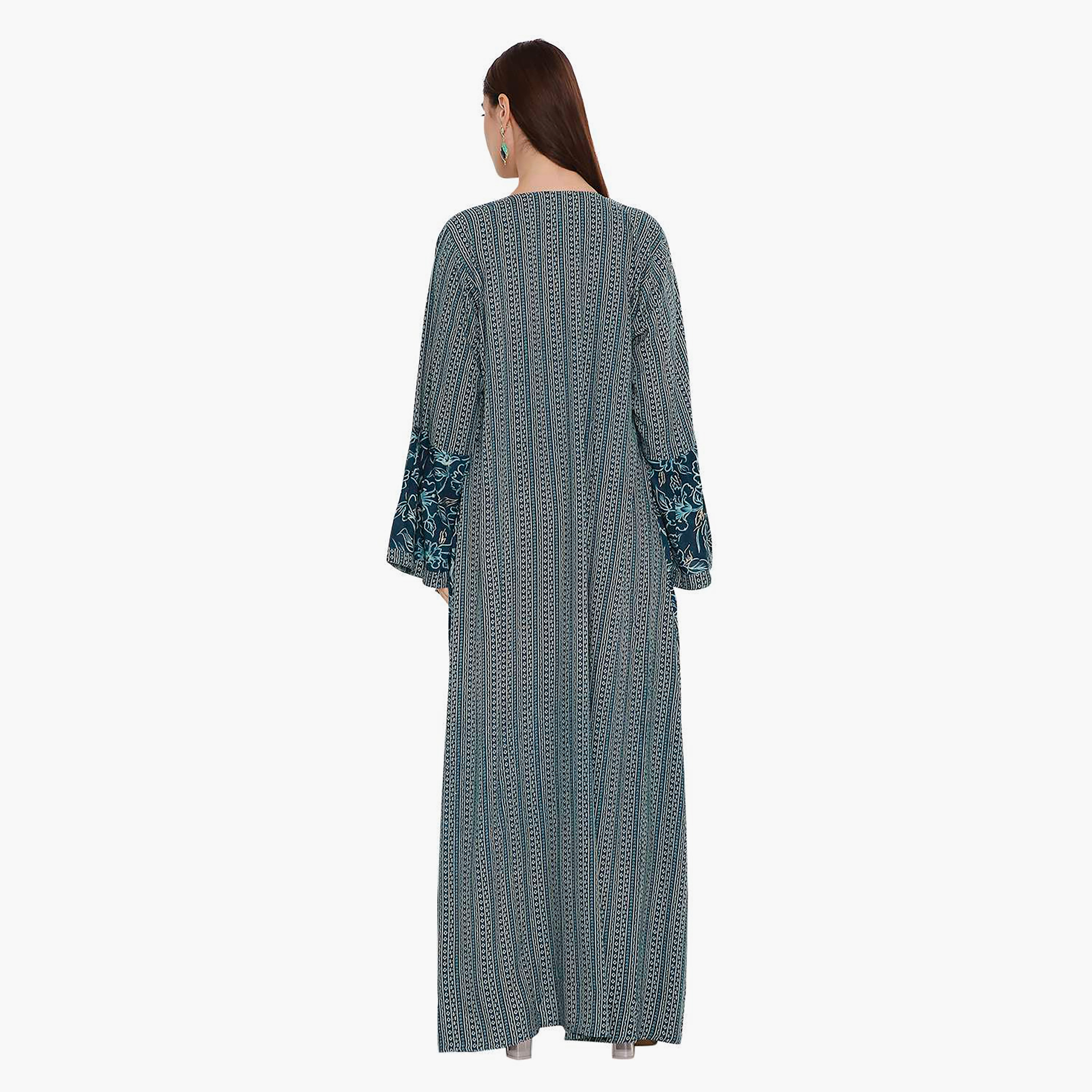 Hana & Sara Green Flared Sleeves Floral Printed and Embroidered Yoke Women's Jalabiya-women-arabicclothing-jalabiyas-image-5