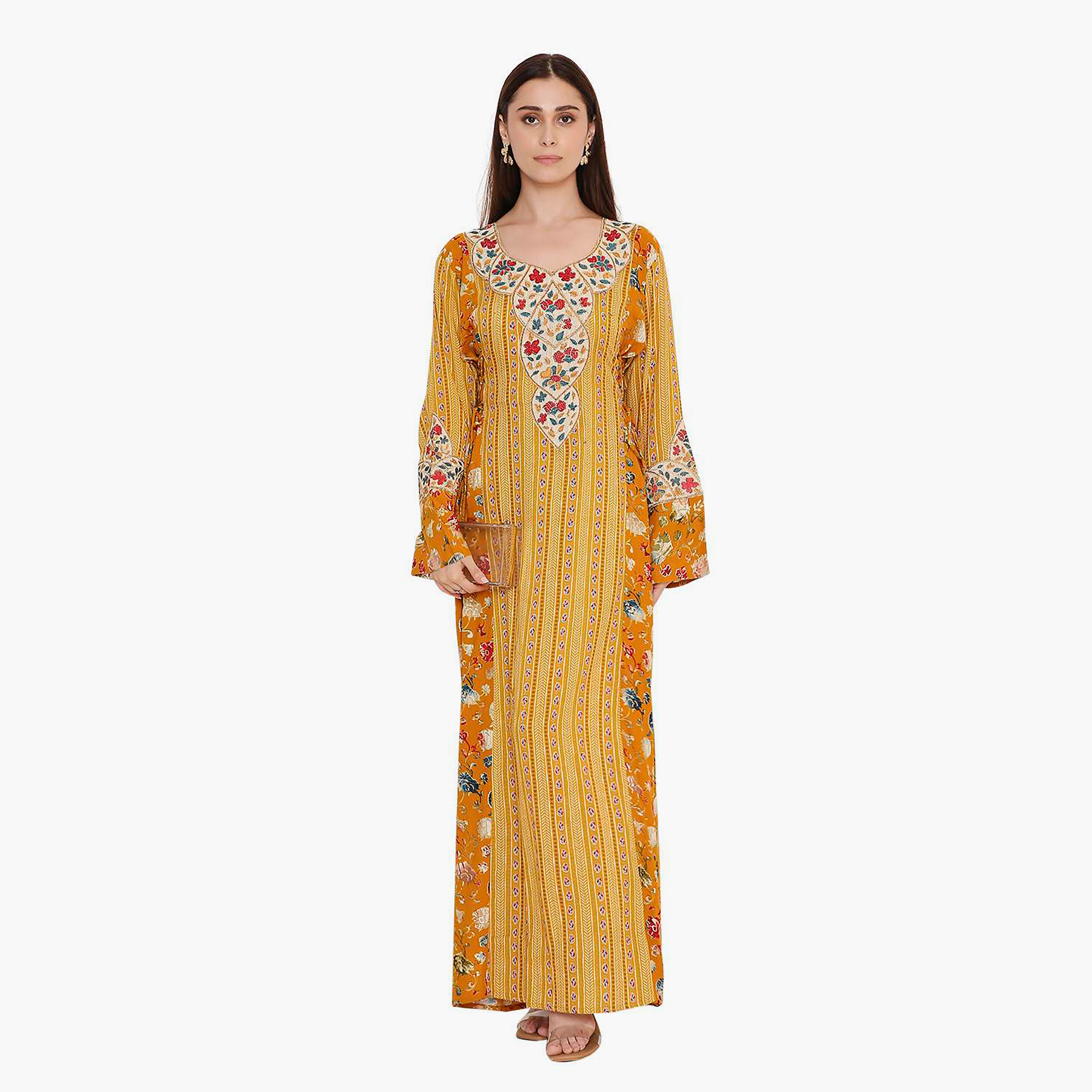 Hana & Sara Yellow Vertical Stripes with Print and Embroidered Women's Jalabiya-women-arabicclothing-jalabiyas-image-1