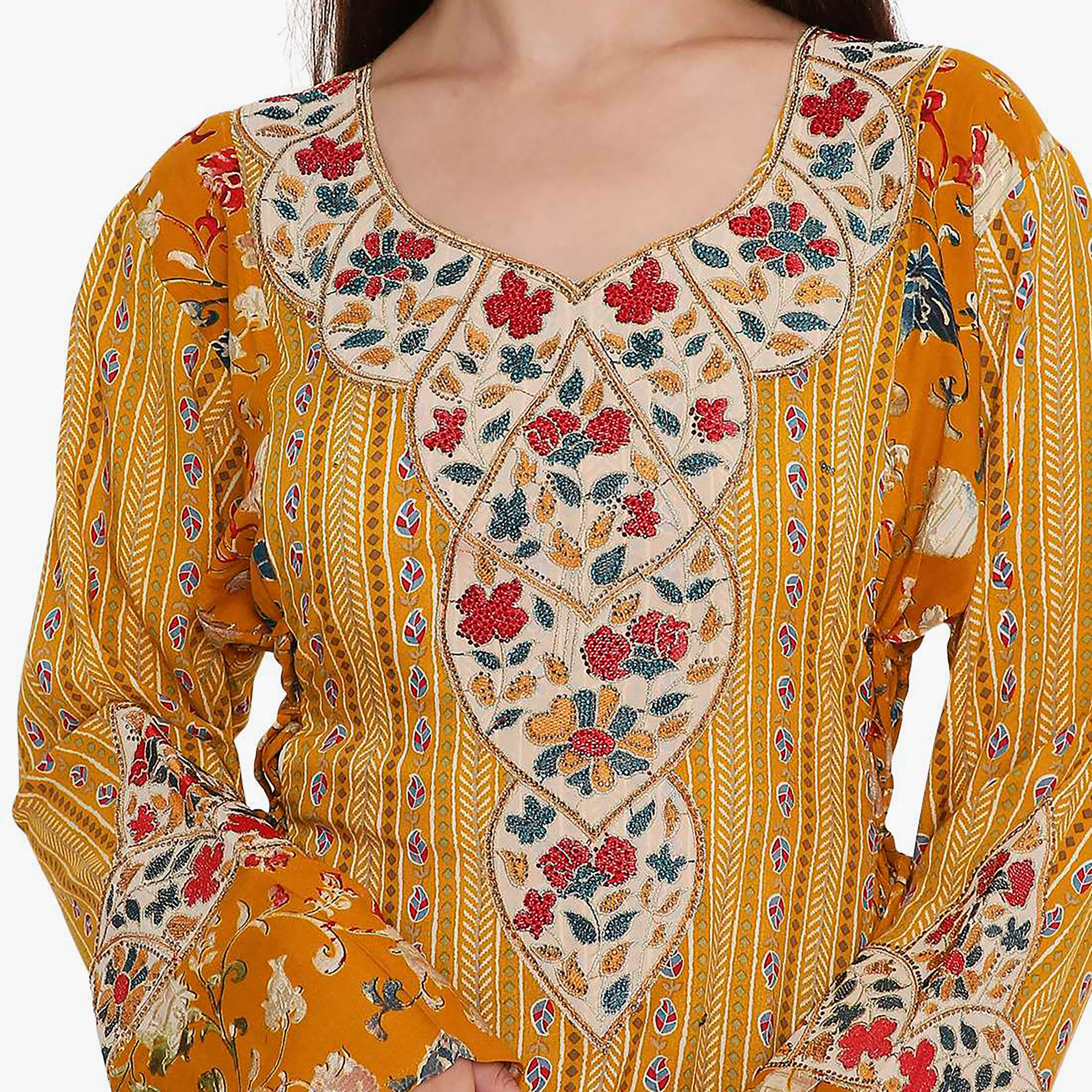 Hana & Sara Yellow Vertical Stripes with Print and Embroidered Women's Jalabiya-women-arabicclothing-jalabiyas-image-2