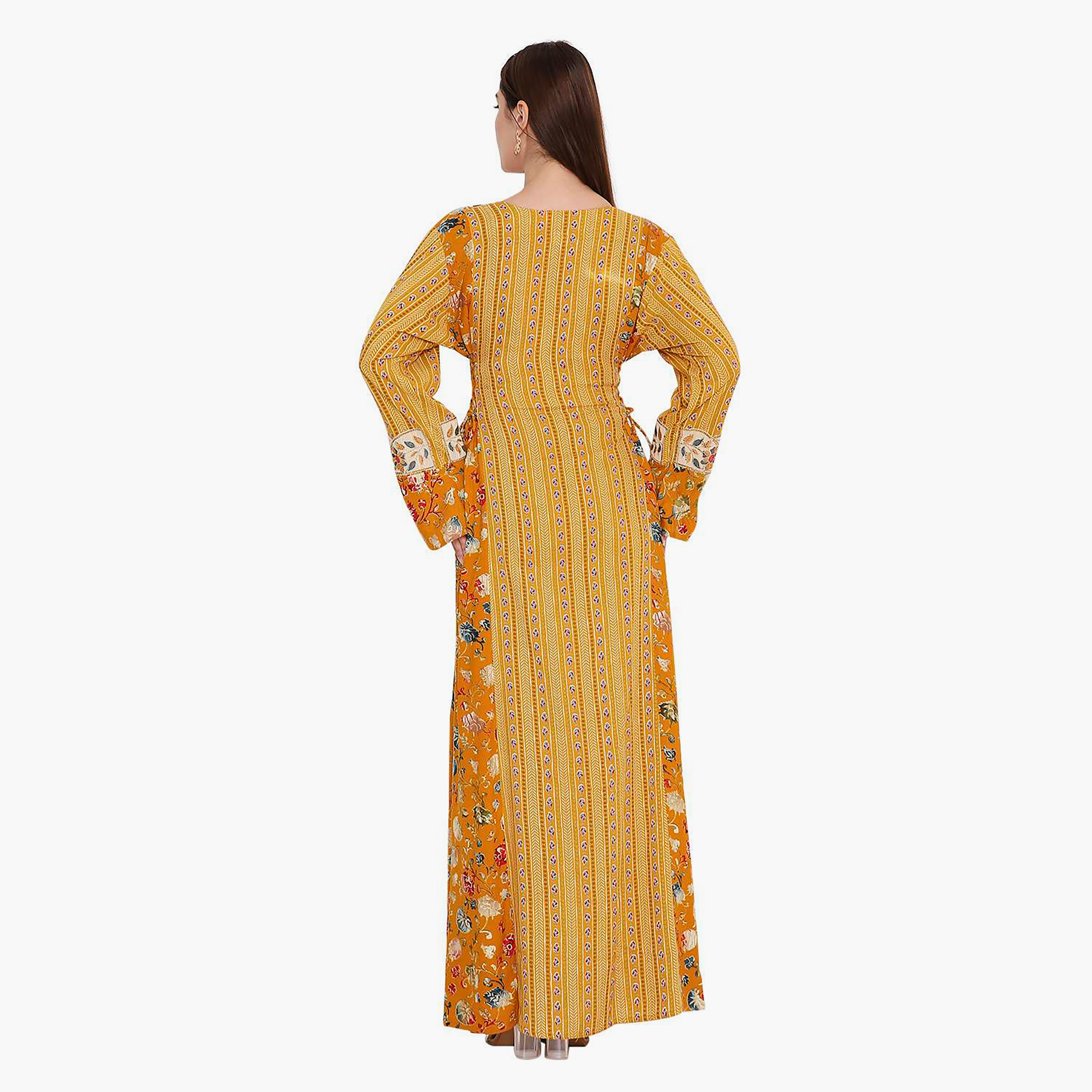 Hana & Sara Yellow Vertical Stripes with Print and Embroidered Women's Jalabiya-women-arabicclothing-jalabiyas-image-5