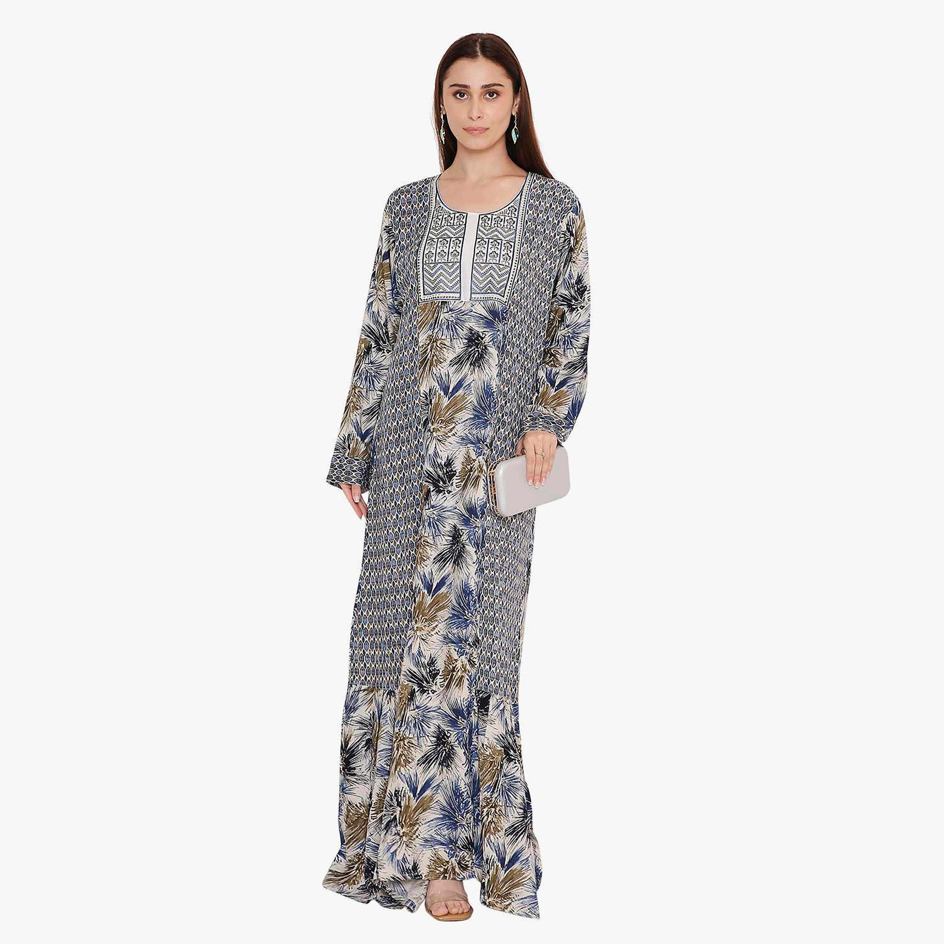 جلابية نسائية زرقاء بطبعة هندسية وتطريز على الصدر من هانا اند سارة.-women-arabicclothing-jalabiyas-image-1