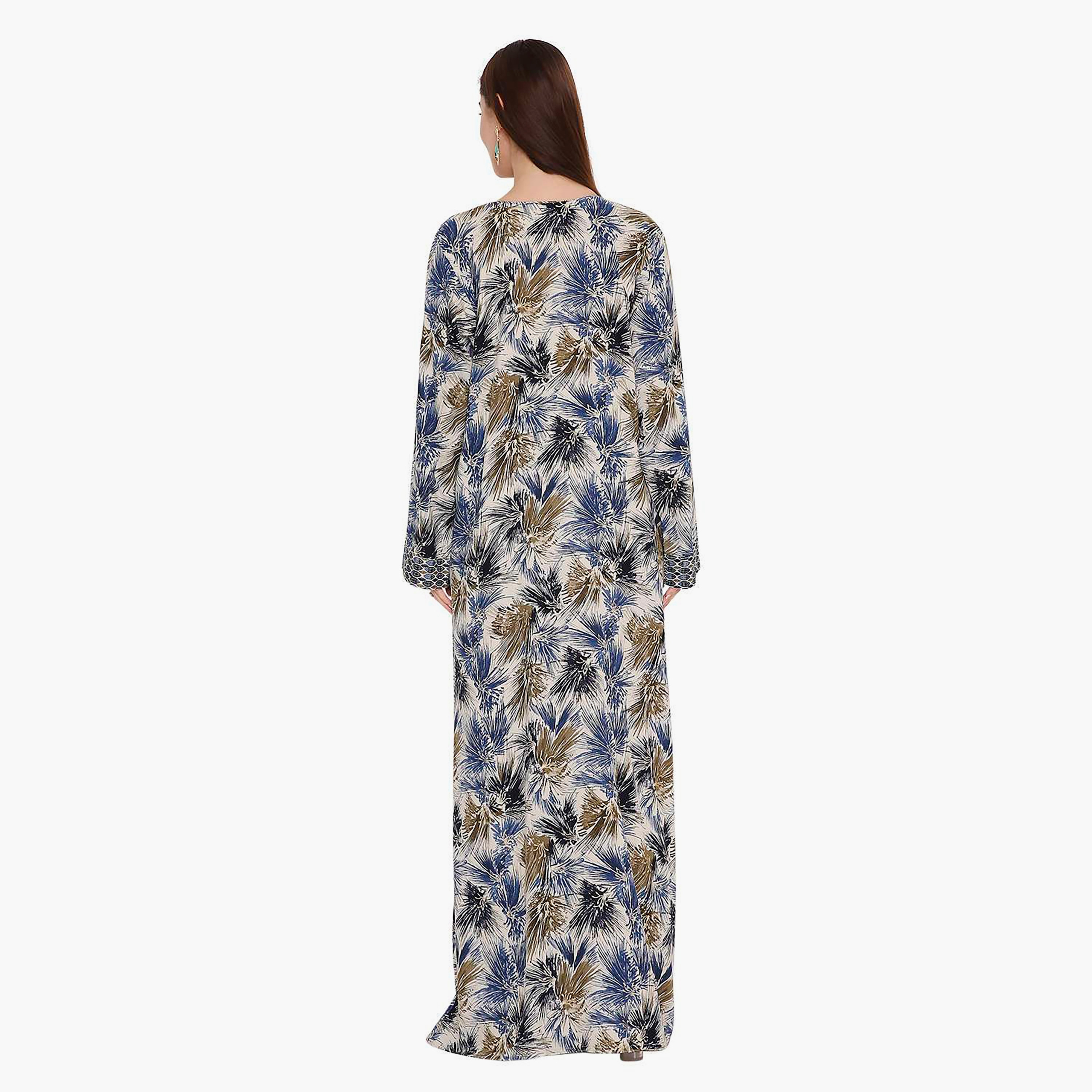 جلابية نسائية زرقاء بطبعة هندسية وتطريز على الصدر من هانا اند سارة.-women-arabicclothing-jalabiyas-image-5