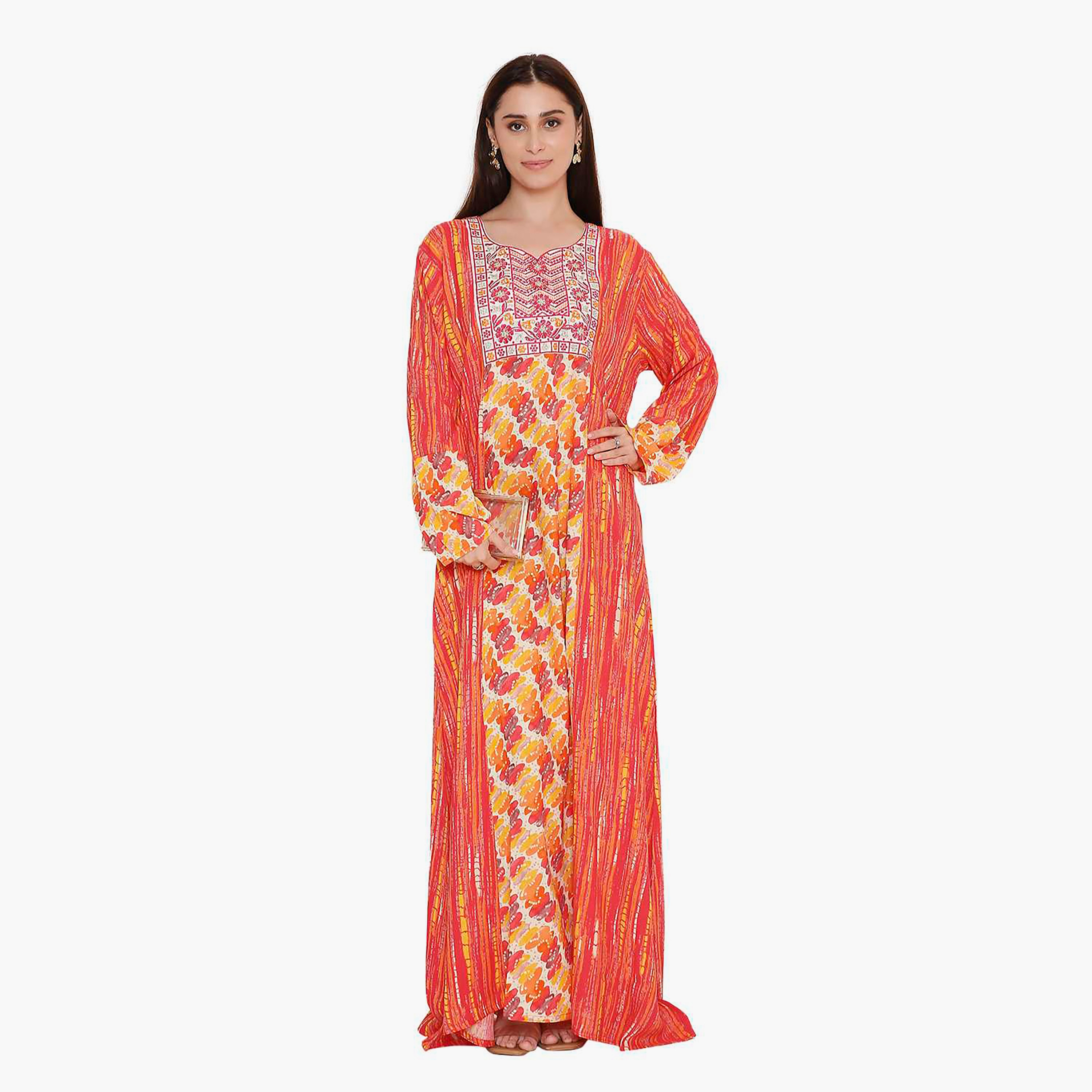Hana & Sara Red Printed and Embroidered Yoke Women's Jalabiya-women-arabicclothing-jalabiyas-image-1