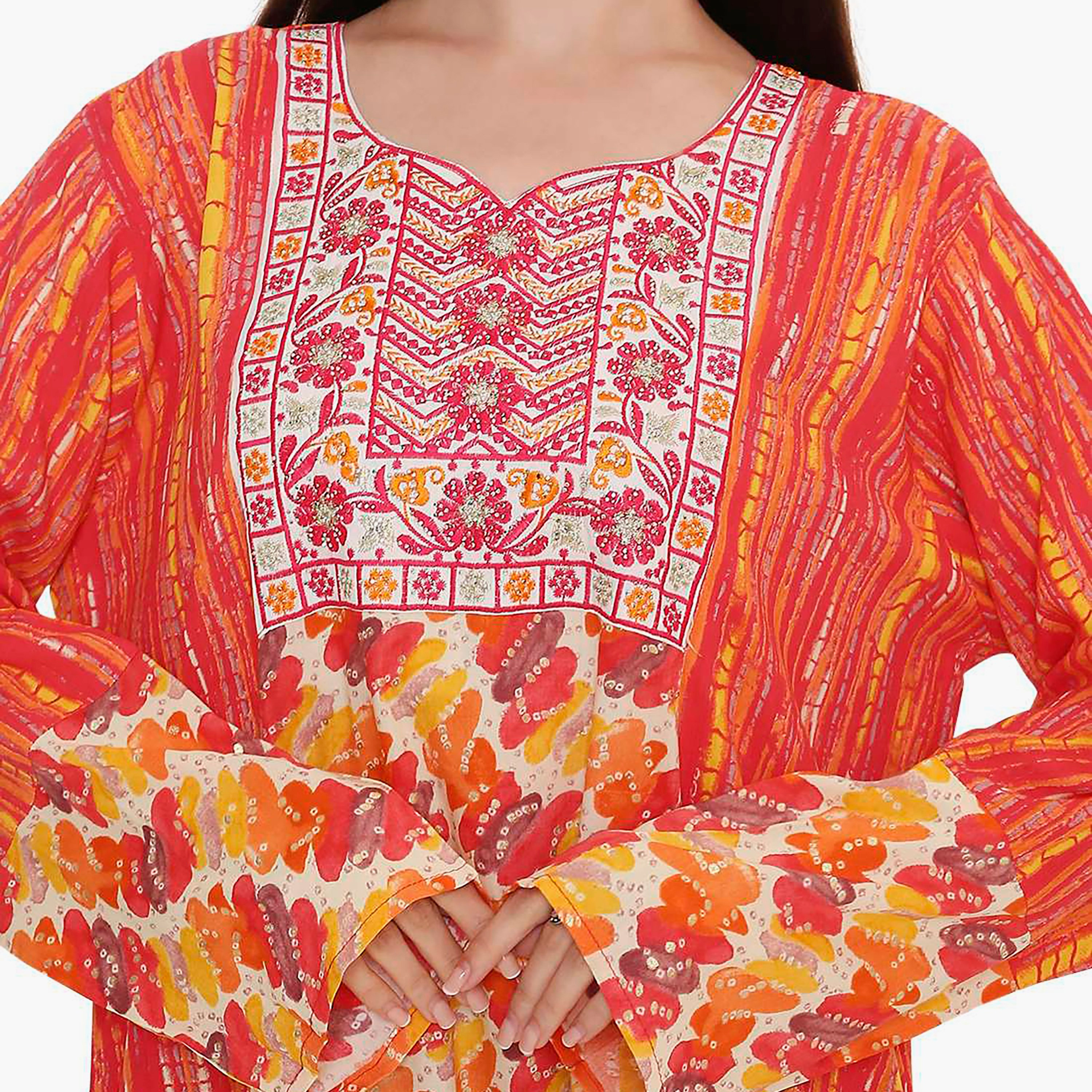جلابية نسائية حمراء مطبوعة ومطرزة على الصدر من هانا اند سارة.-women-arabicclothing-jalabiyas-image-2