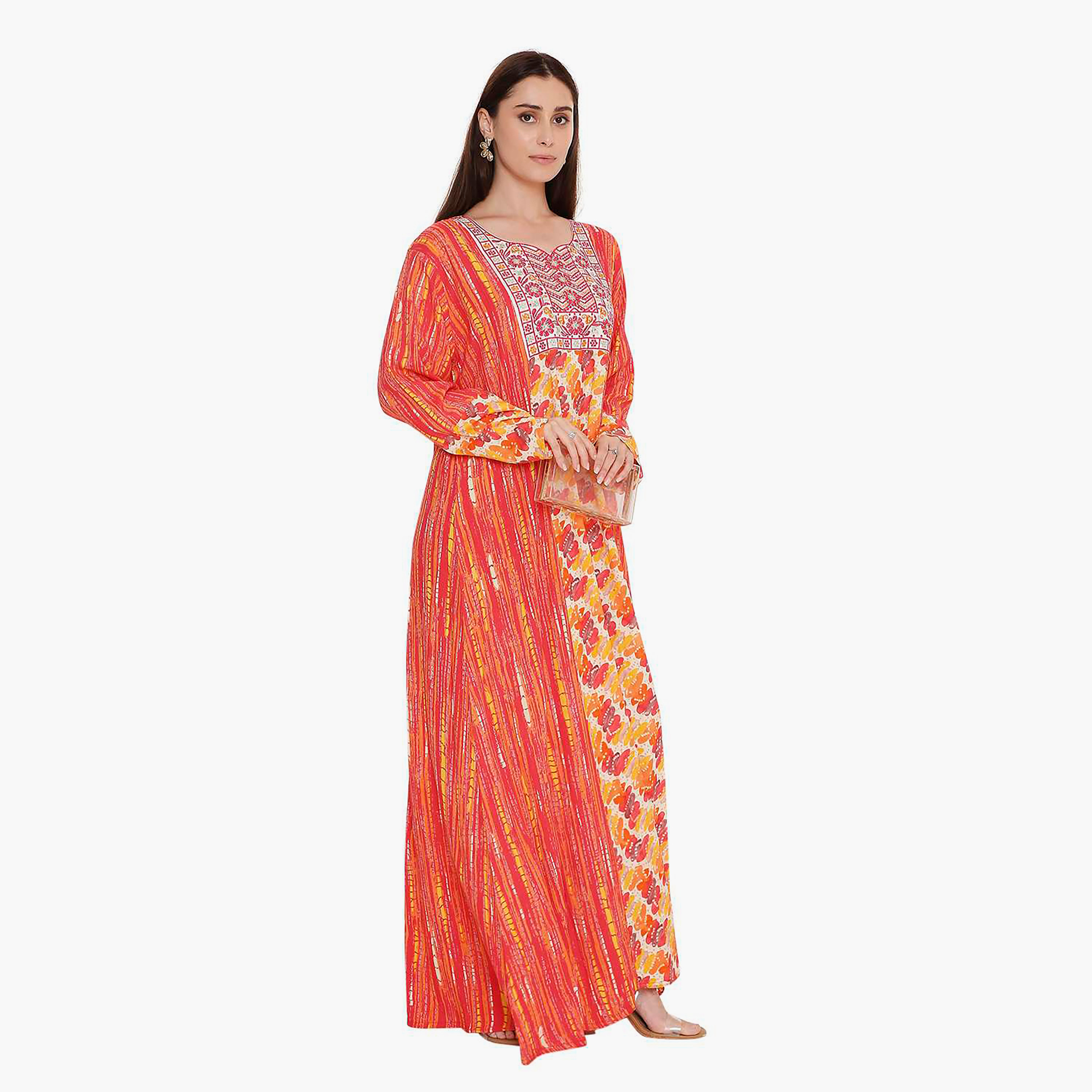 جلابية نسائية حمراء مطبوعة ومطرزة على الصدر من هانا اند سارة.-women-arabicclothing-jalabiyas-image-3