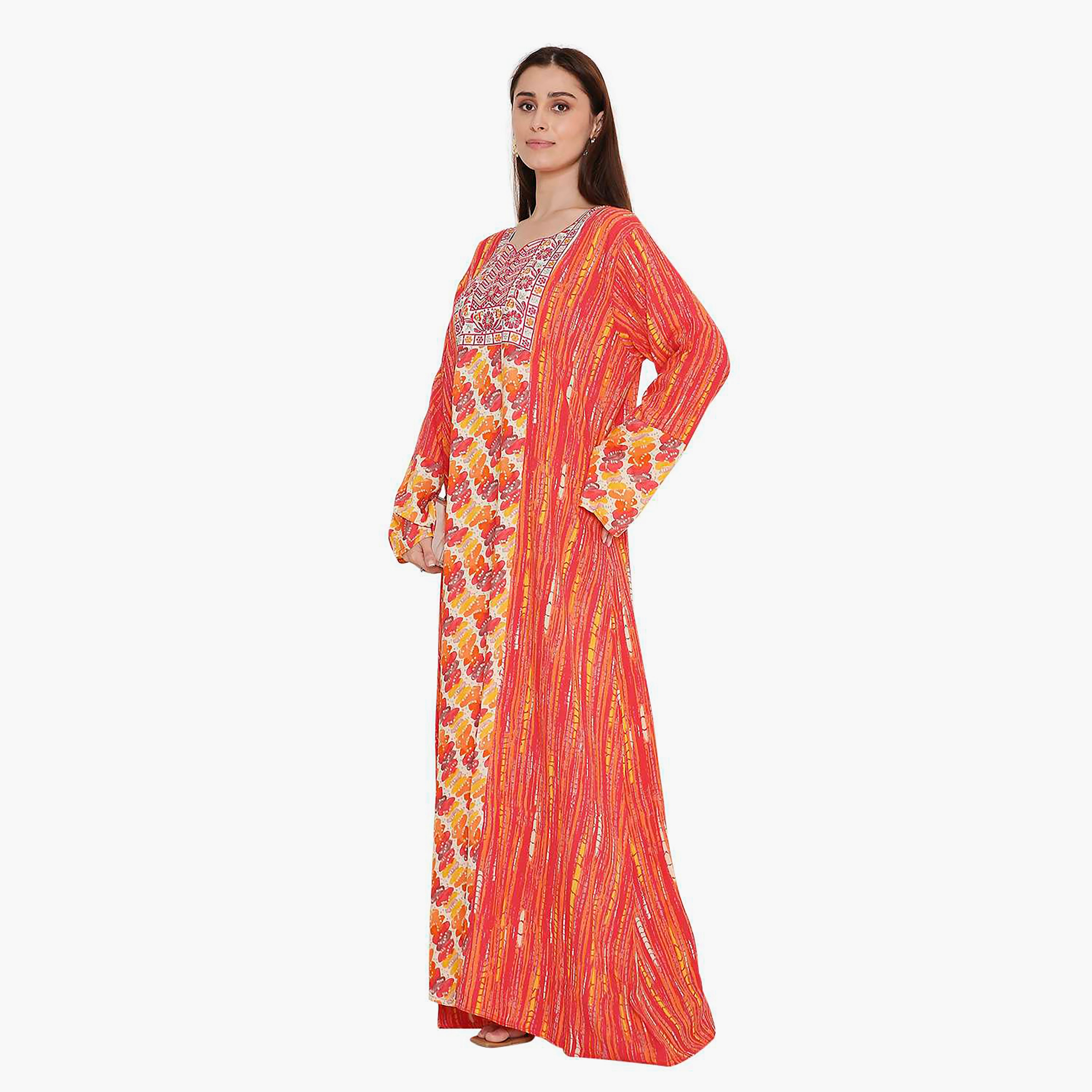 جلابية نسائية حمراء مطبوعة ومطرزة على الصدر من هانا اند سارة.-women-arabicclothing-jalabiyas-image-4