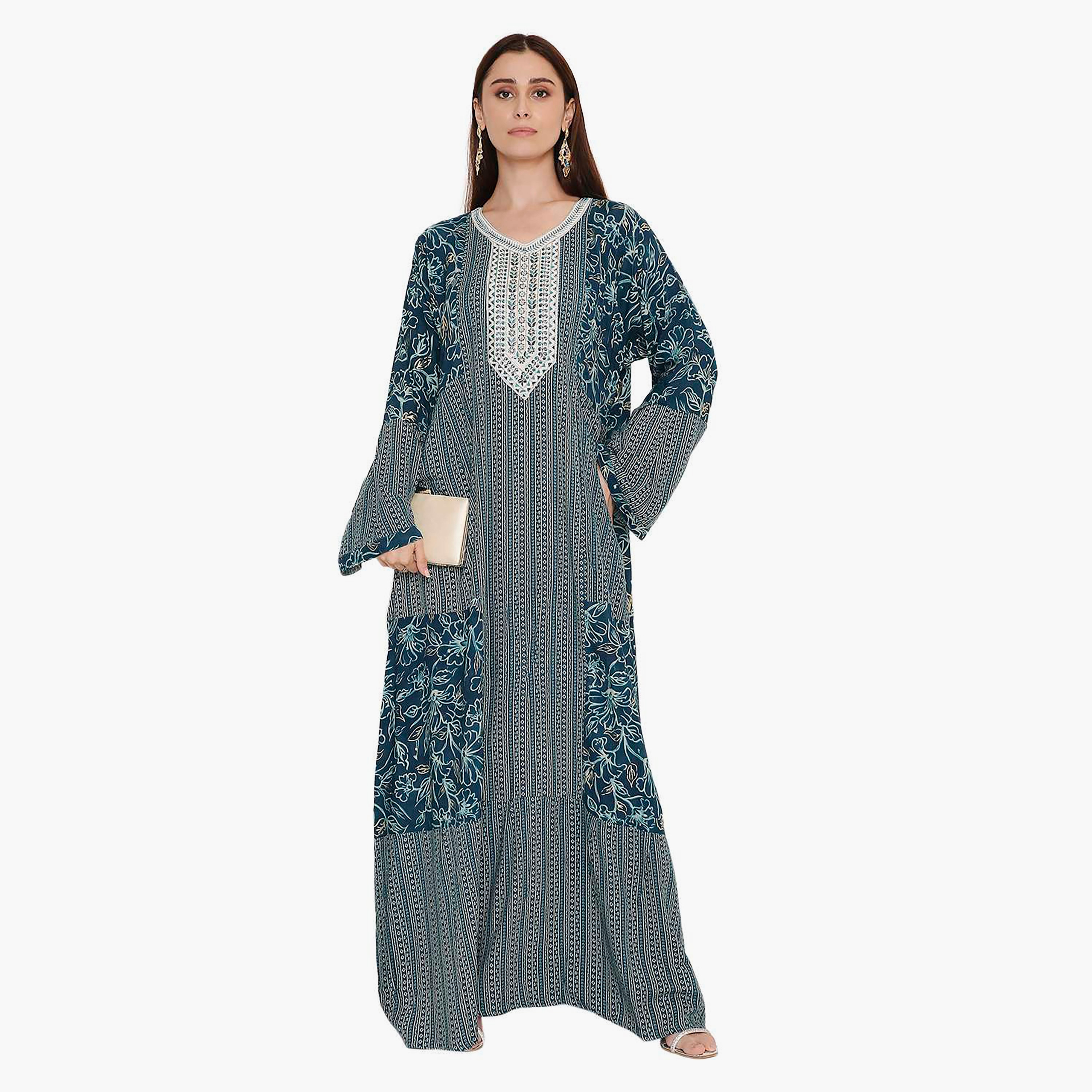 Hana & Sara Flared Sleeves Floral Printed and Embroidered Yoke Women's Jalabiya-women-arabicclothing-jalabiyas-image-4