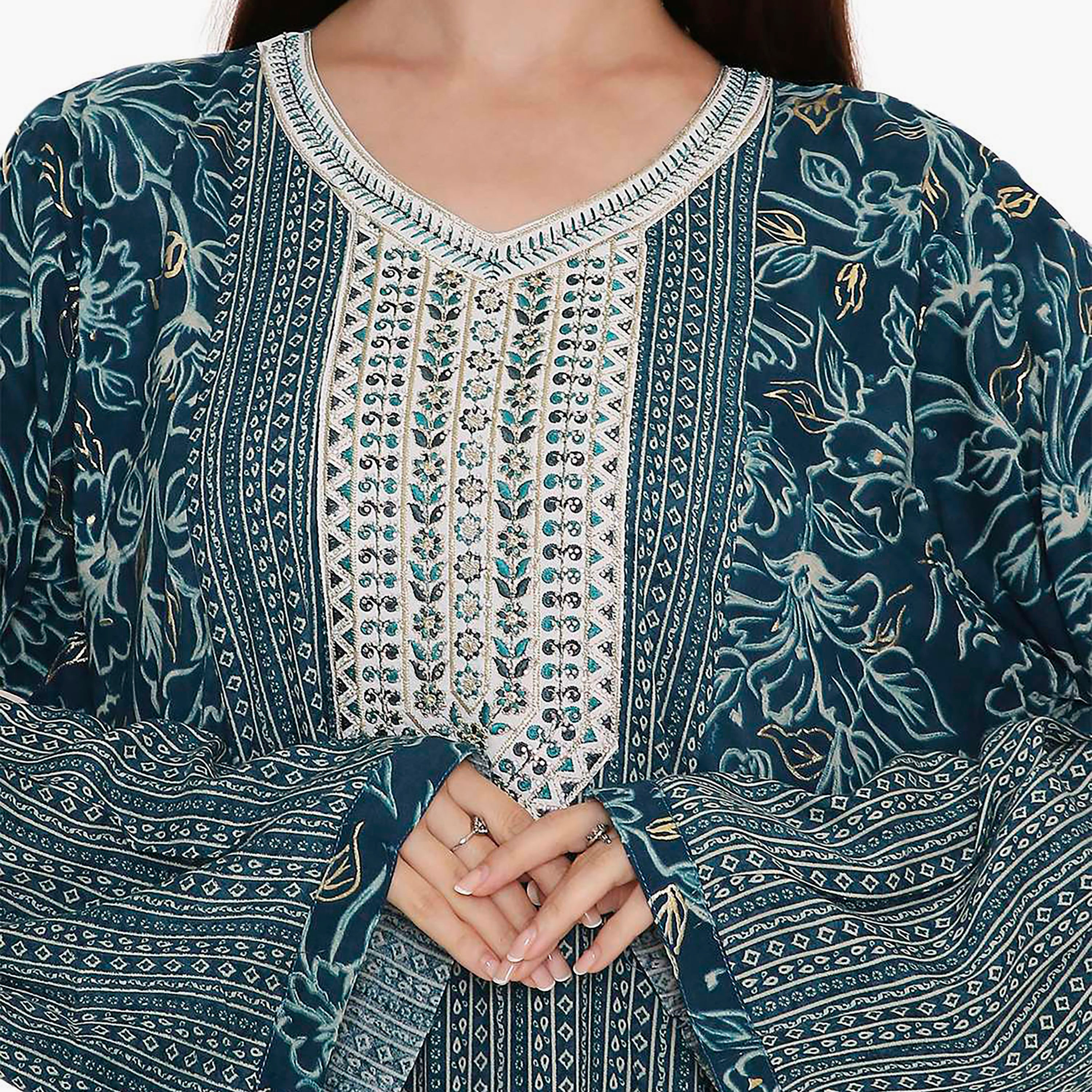 Hana & Sara Flared Sleeves Floral Printed and Embroidered Yoke Women's Jalabiya-women-arabicclothing-jalabiyas-image-5
