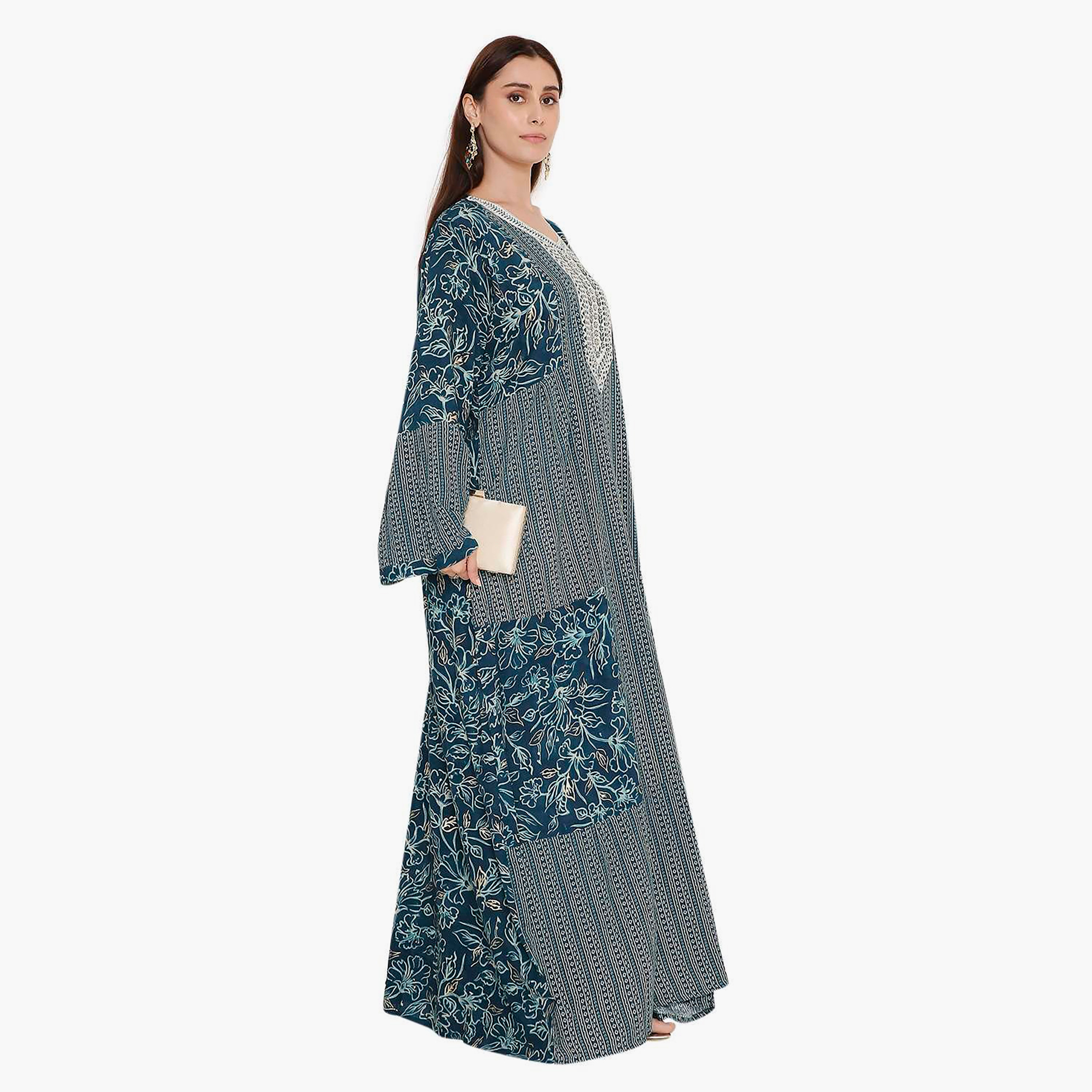 Hana & Sara Flared Sleeves Floral Printed and Embroidered Yoke Women's Jalabiya-women-arabicclothing-jalabiyas-image-6