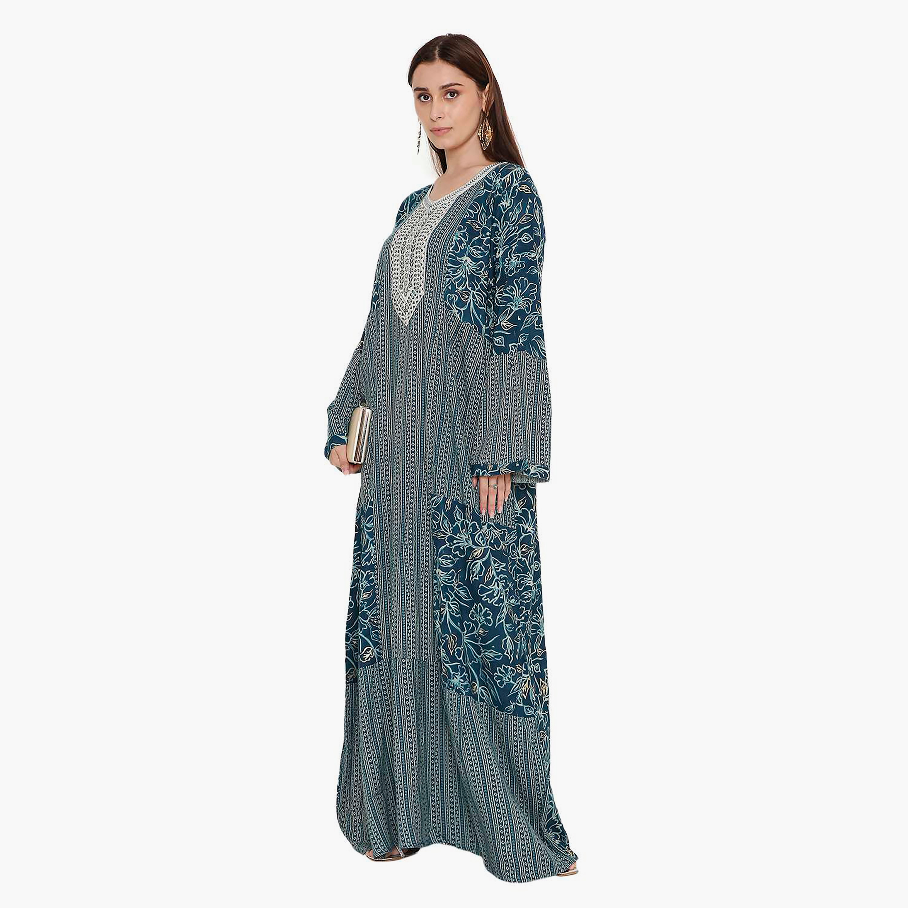 Hana & Sara Flared Sleeves Floral Printed and Embroidered Yoke Women's Jalabiya-women-arabicclothing-jalabiyas-image-7
