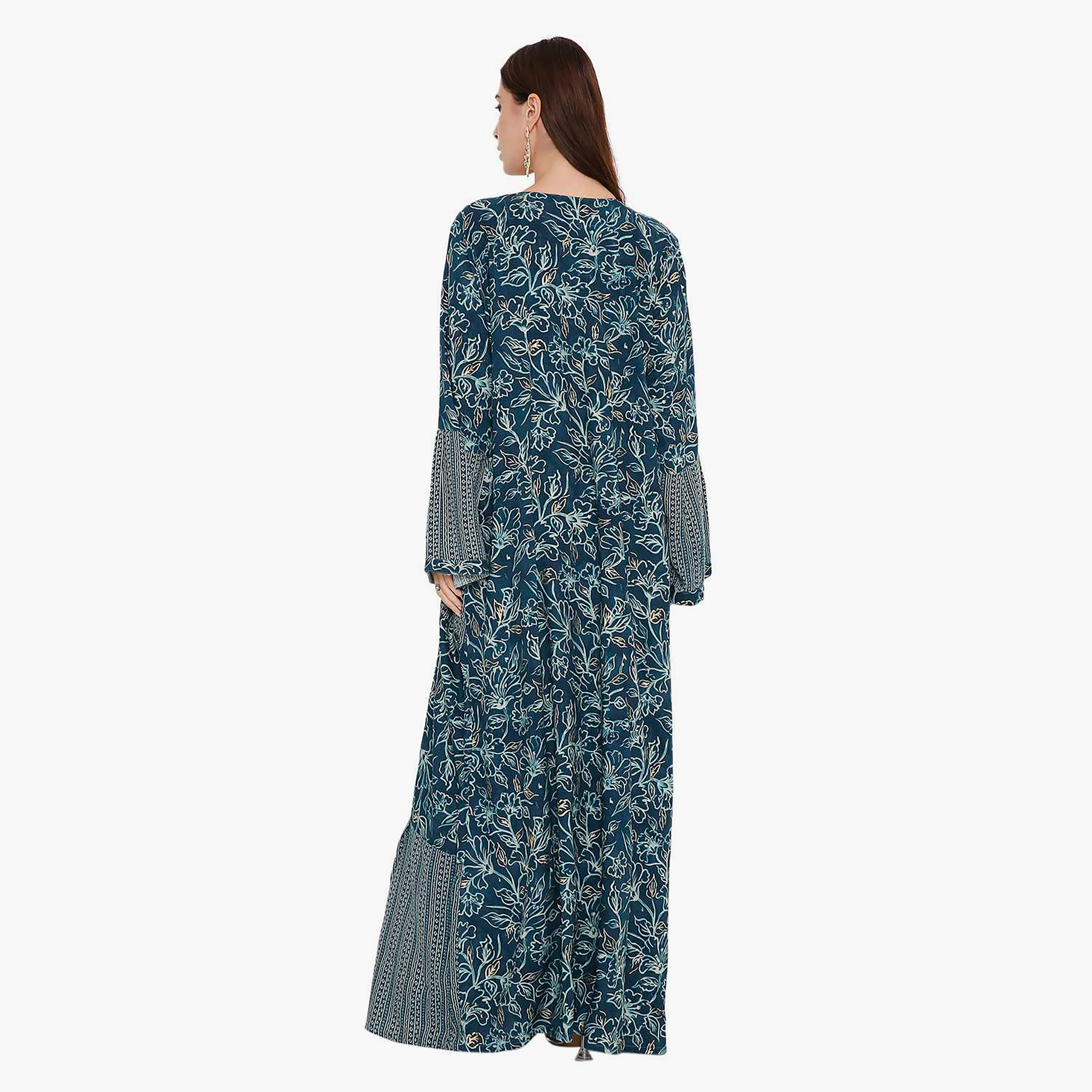 Hana & Sara Flared Sleeves Floral Printed and Embroidered Yoke Women's Jalabiya-women-arabicclothing-jalabiyas-image-8