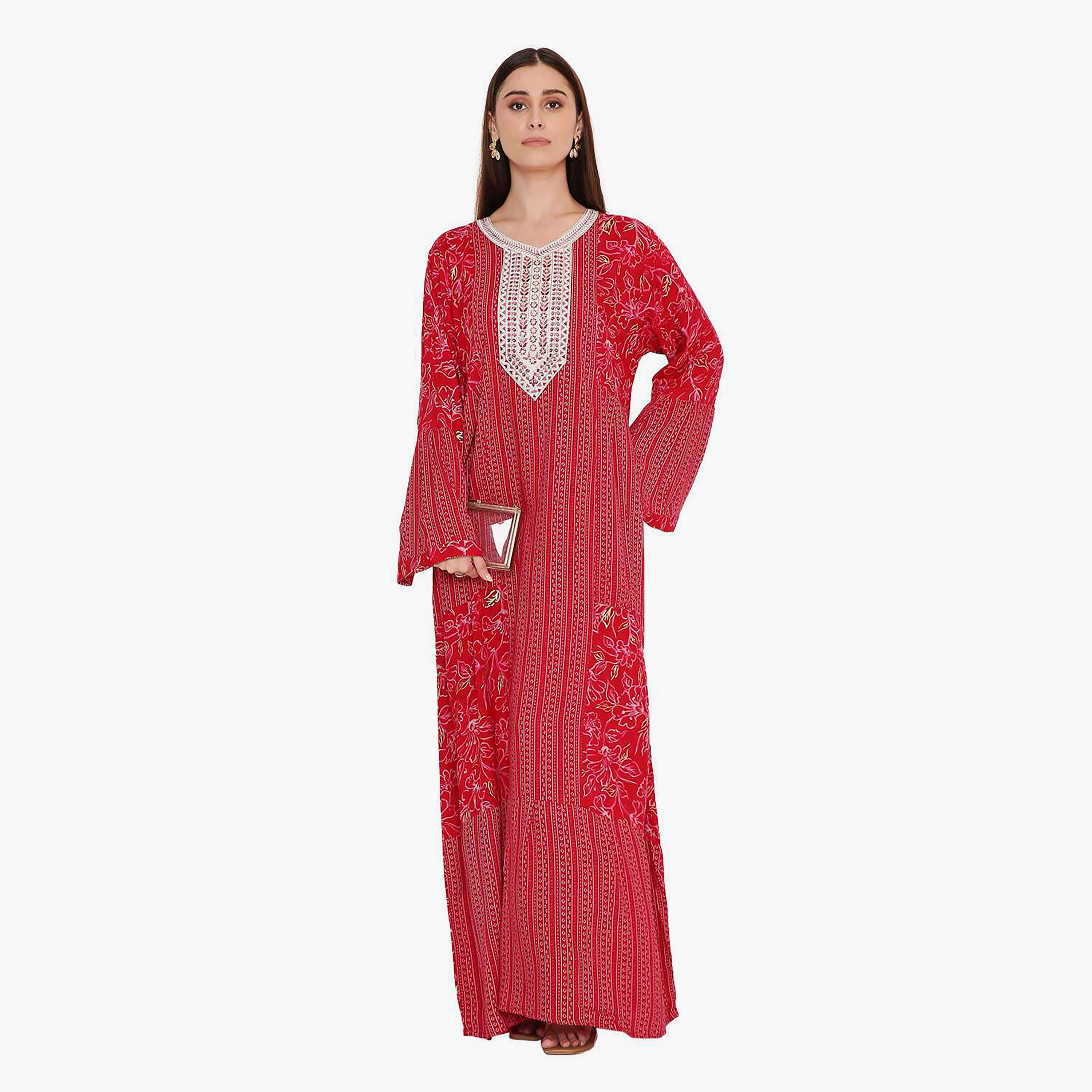 جلابية نسائية بأكمام واسعة وطبعة زهور وتطريز على الصدر من هانا اند سارة.-women-arabicclothing-jalabiyas-image-4