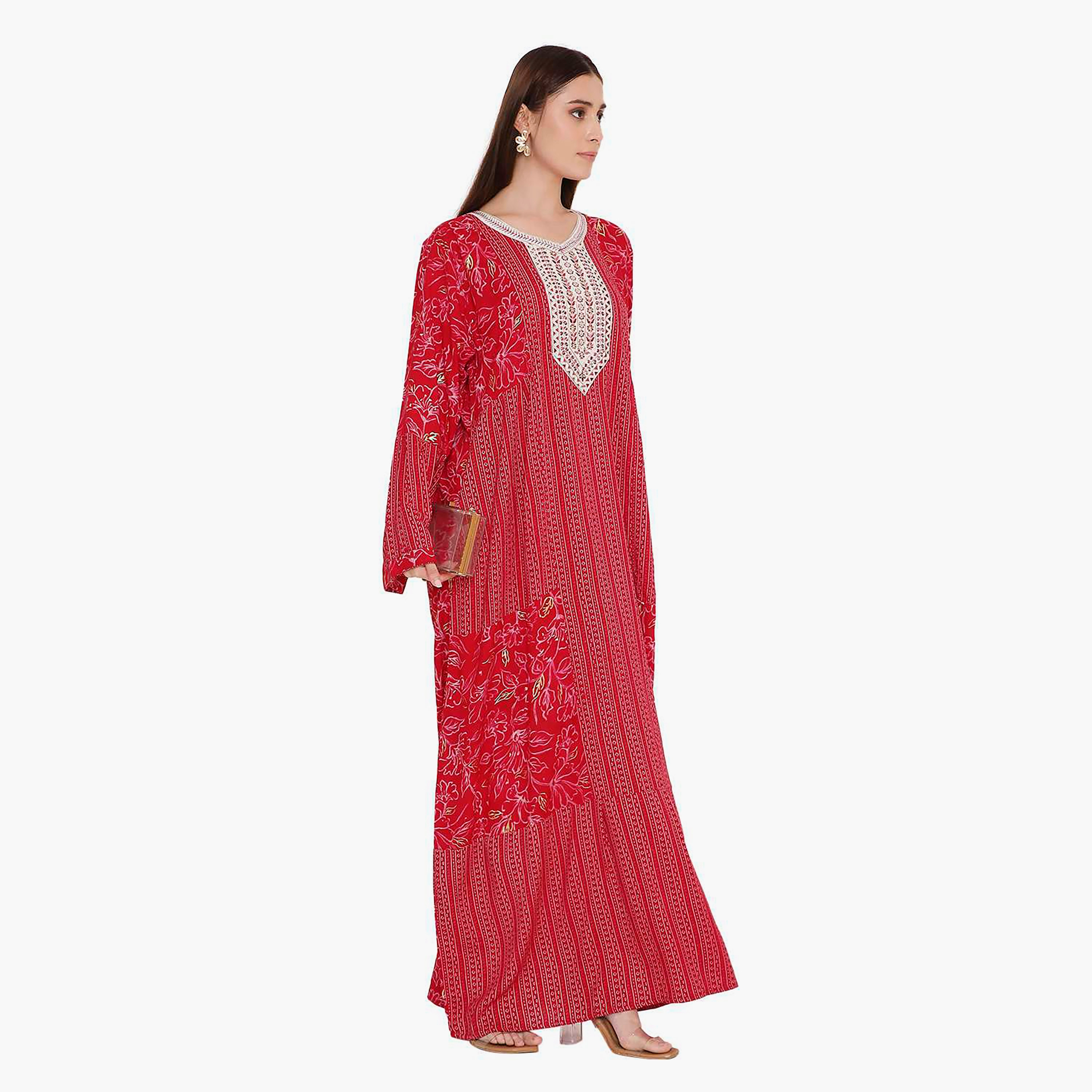 جلابية نسائية بأكمام واسعة وطبعة زهور وتطريز على الصدر من هانا اند سارة.-women-arabicclothing-jalabiyas-image-1