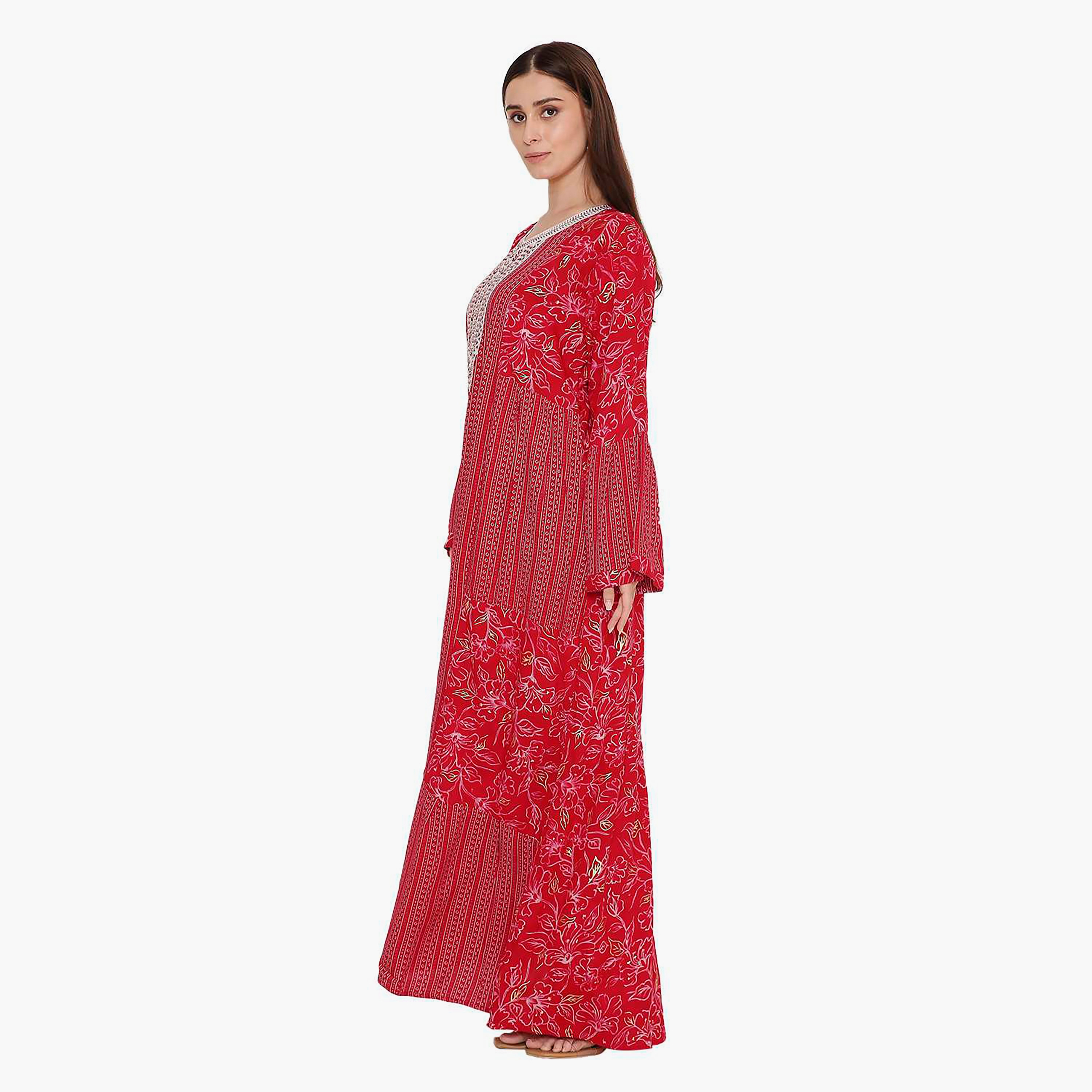 Hana & Sara Flared Sleeves Floral Printed and Embroidered Yoke Women's Jalabiya-women-arabicclothing-jalabiyas-image-2