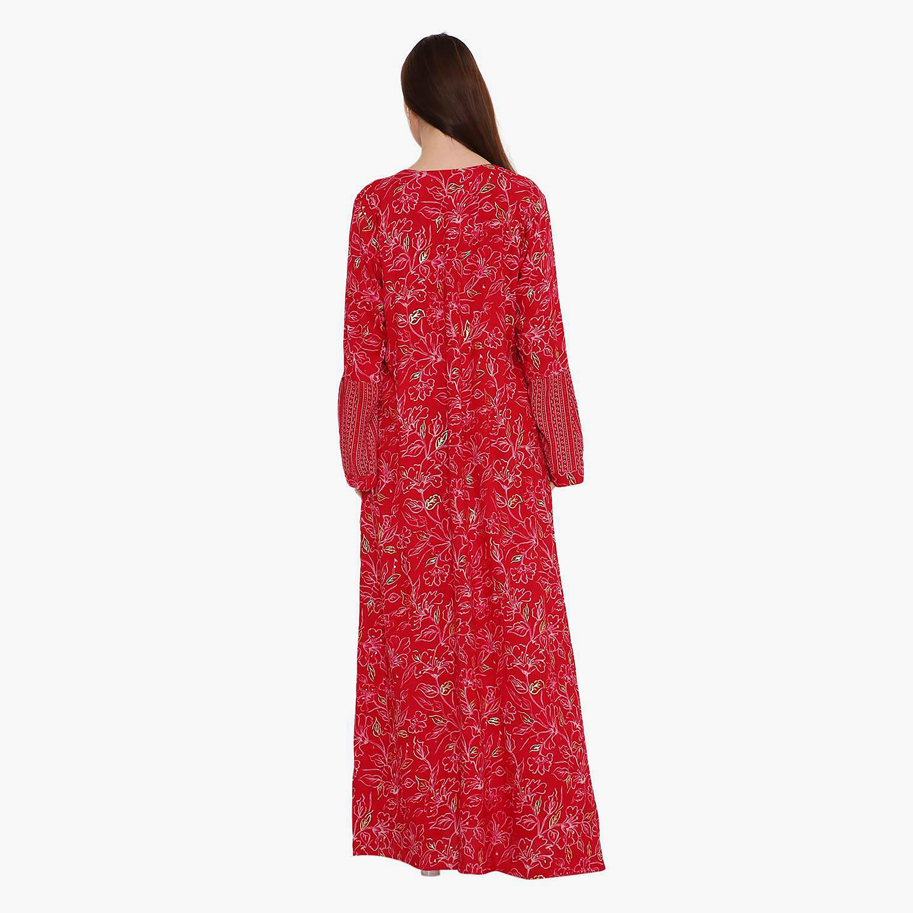 جلابية نسائية بأكمام واسعة وطبعة زهور وتطريز على الصدر من هانا اند سارة.-women-arabicclothing-jalabiyas-image-3