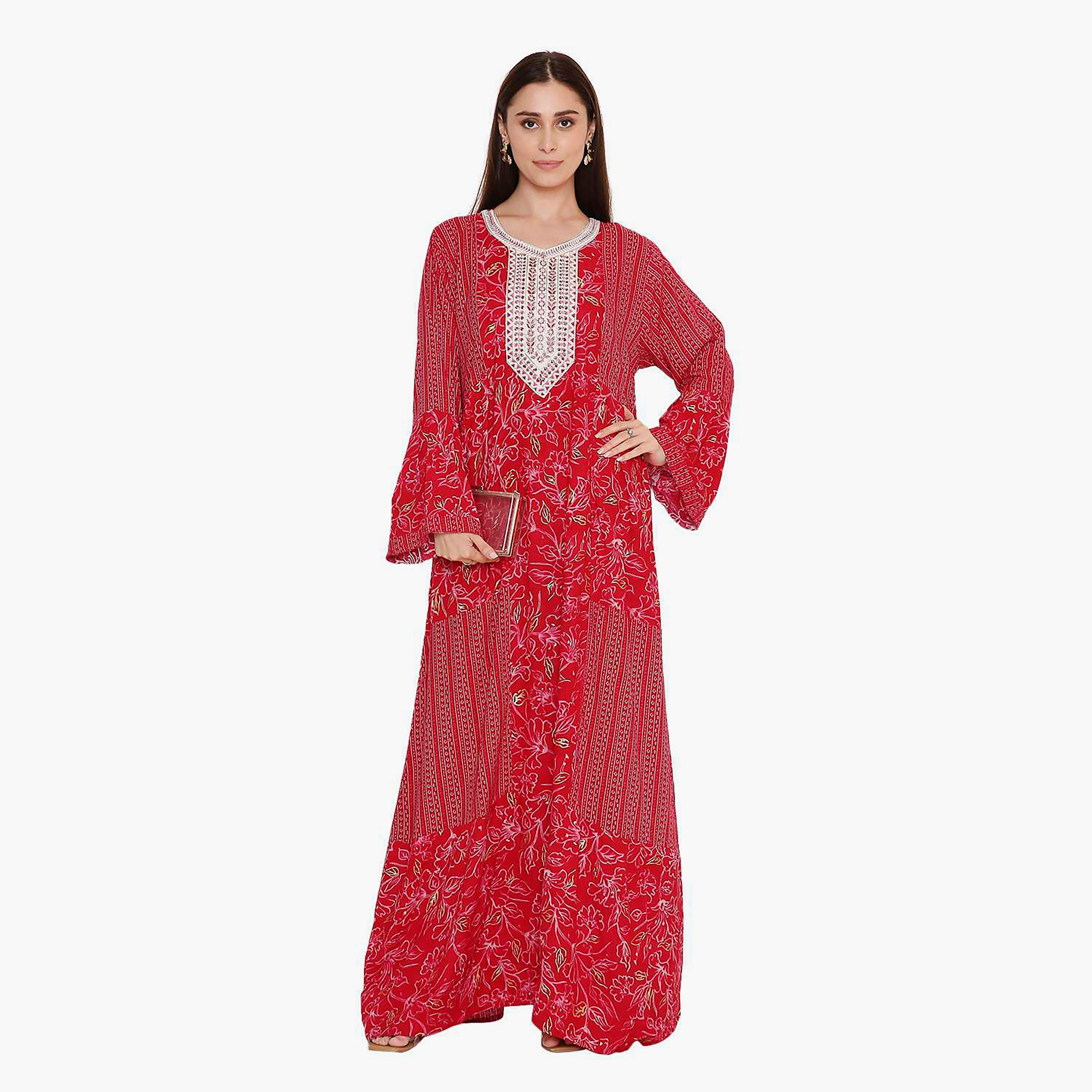 جلابية نسائية حمراء بأكمام واسعة وطبعة زهور وتطريز على الصدر من هانا اند سارة.-women-arabicclothing-jalabiyas-image-1