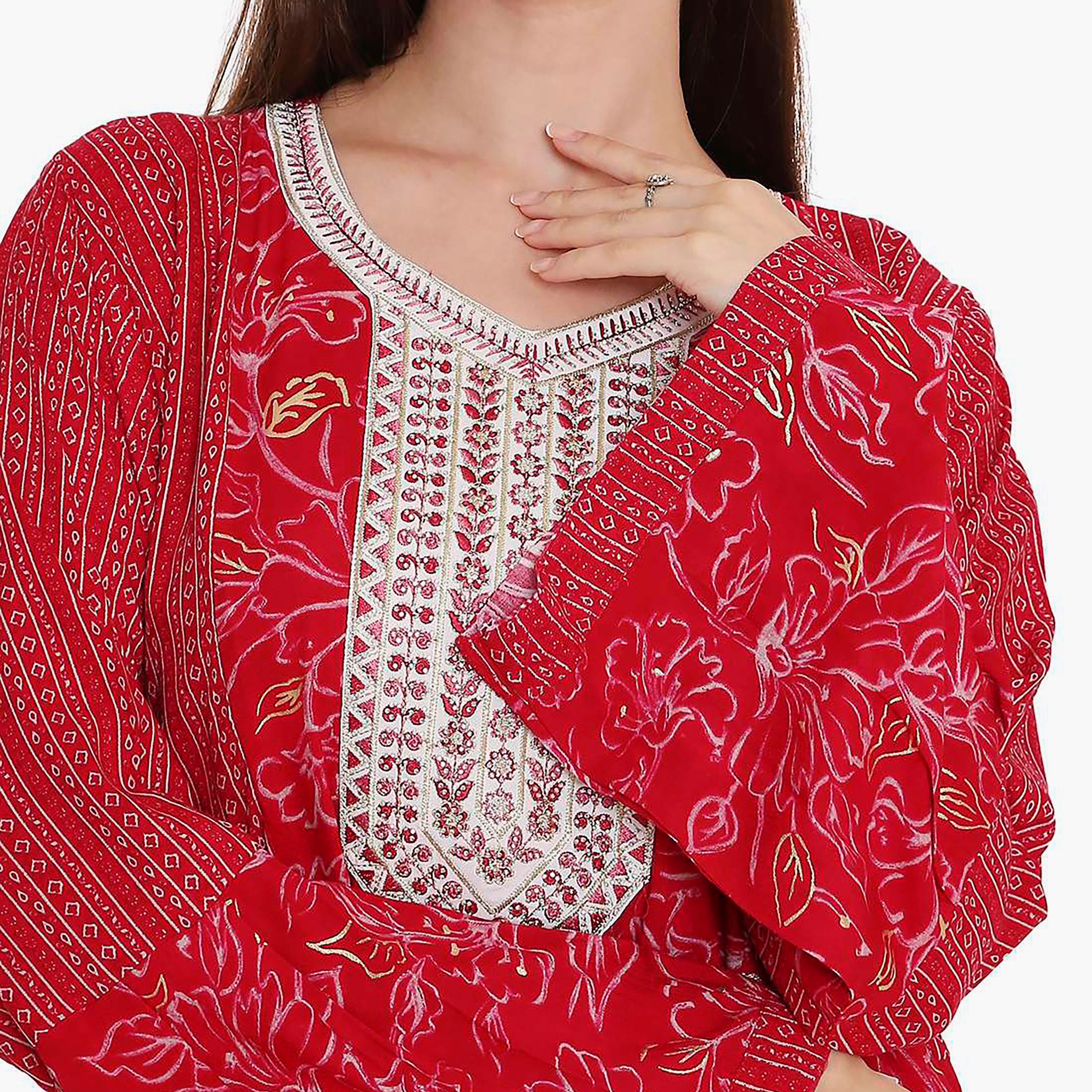 جلابية نسائية حمراء بأكمام واسعة وطبعة زهور وتطريز على الصدر من هانا اند سارة.-women-arabicclothing-jalabiyas-image-2