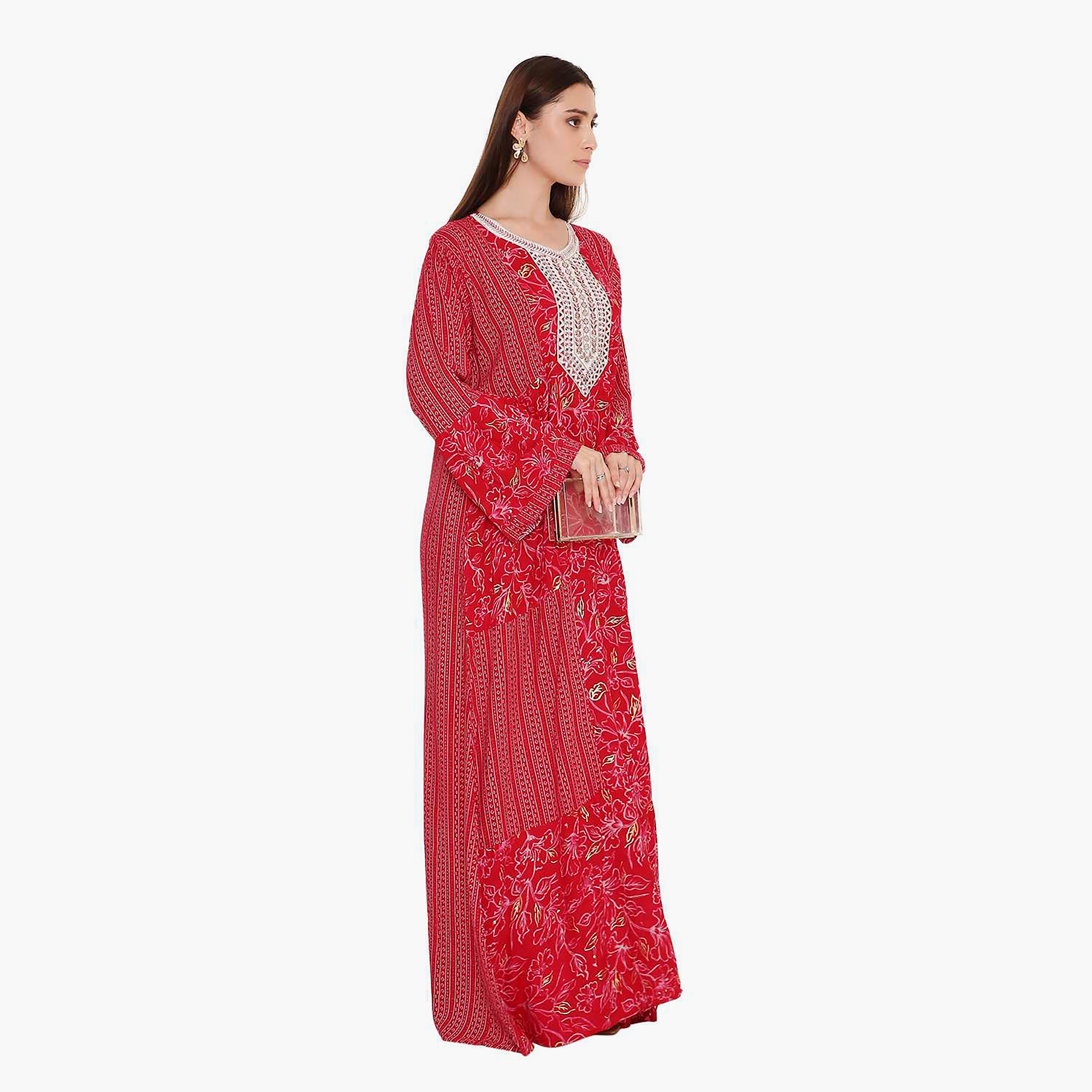 جلابية نسائية حمراء بأكمام واسعة وطبعة زهور وتطريز على الصدر من هانا اند سارة.-women-arabicclothing-jalabiyas-image-3