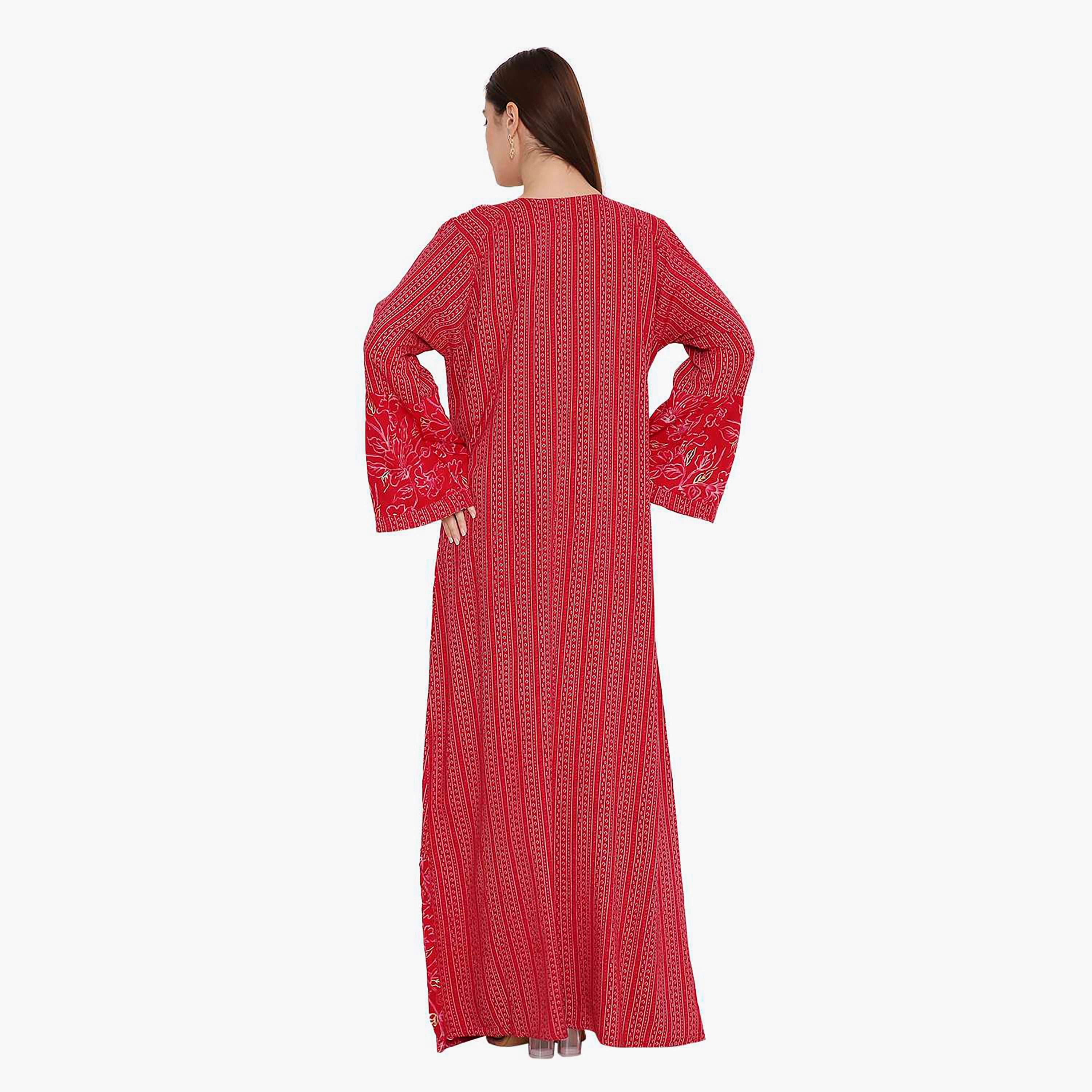 جلابية نسائية حمراء بأكمام واسعة وطبعة زهور وتطريز على الصدر من هانا اند سارة.-women-arabicclothing-jalabiyas-image-5