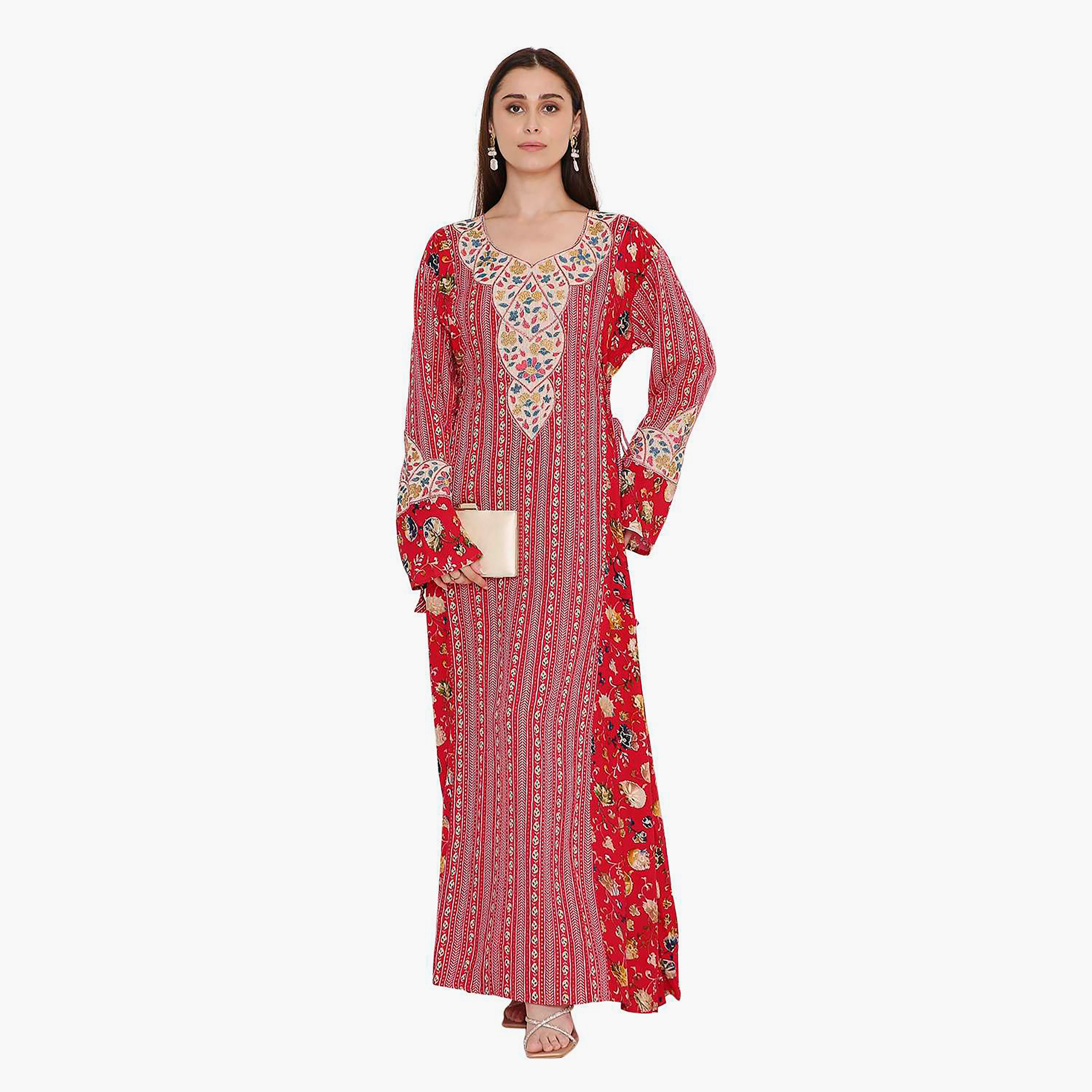 جلابية نسائية حمراء بطبعة زهور وتطريز من هانا اند سارة.-women-arabicclothing-jalabiyas-image-1