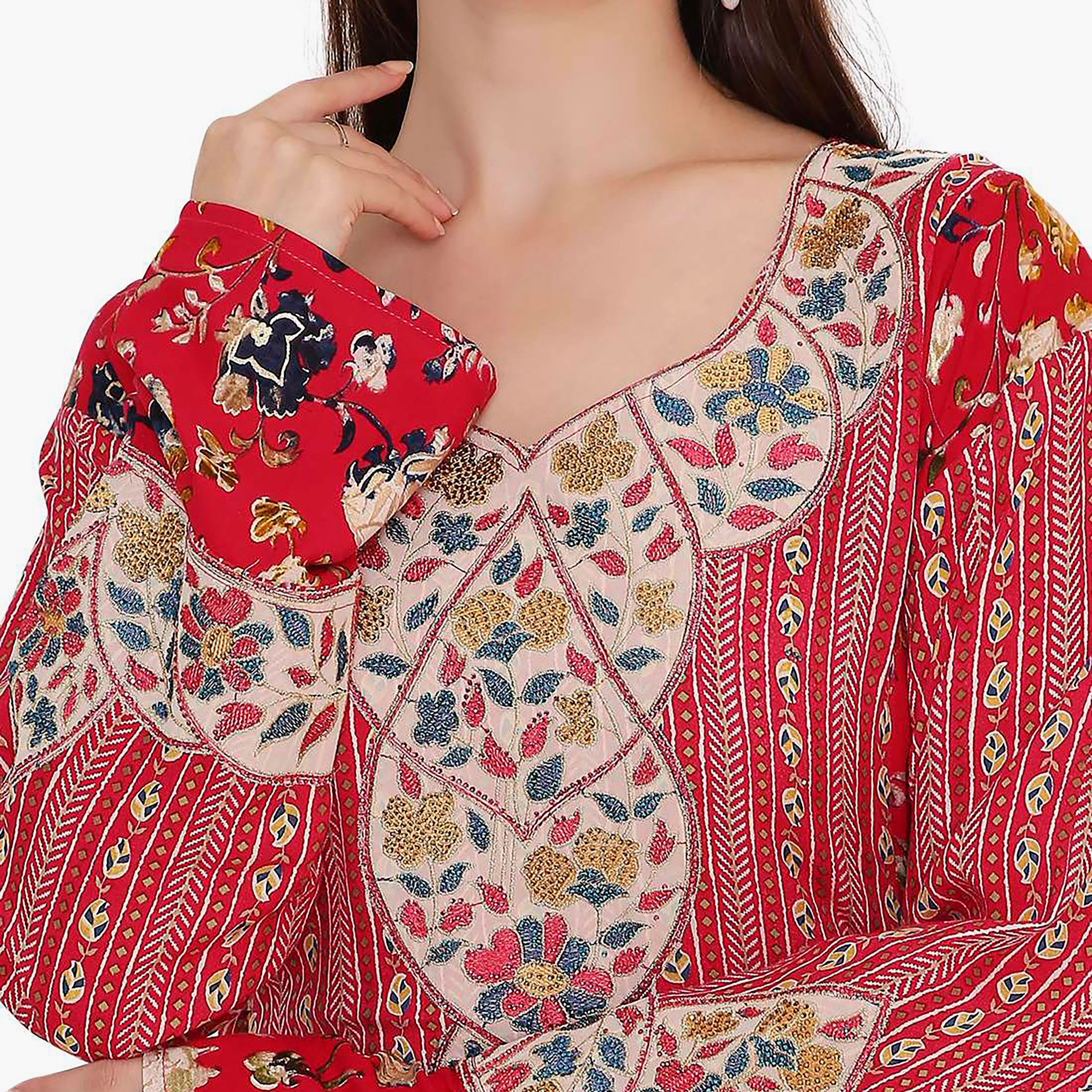 جلابية نسائية حمراء بطبعة زهور وتطريز من هانا اند سارة.-women-arabicclothing-jalabiyas-image-2