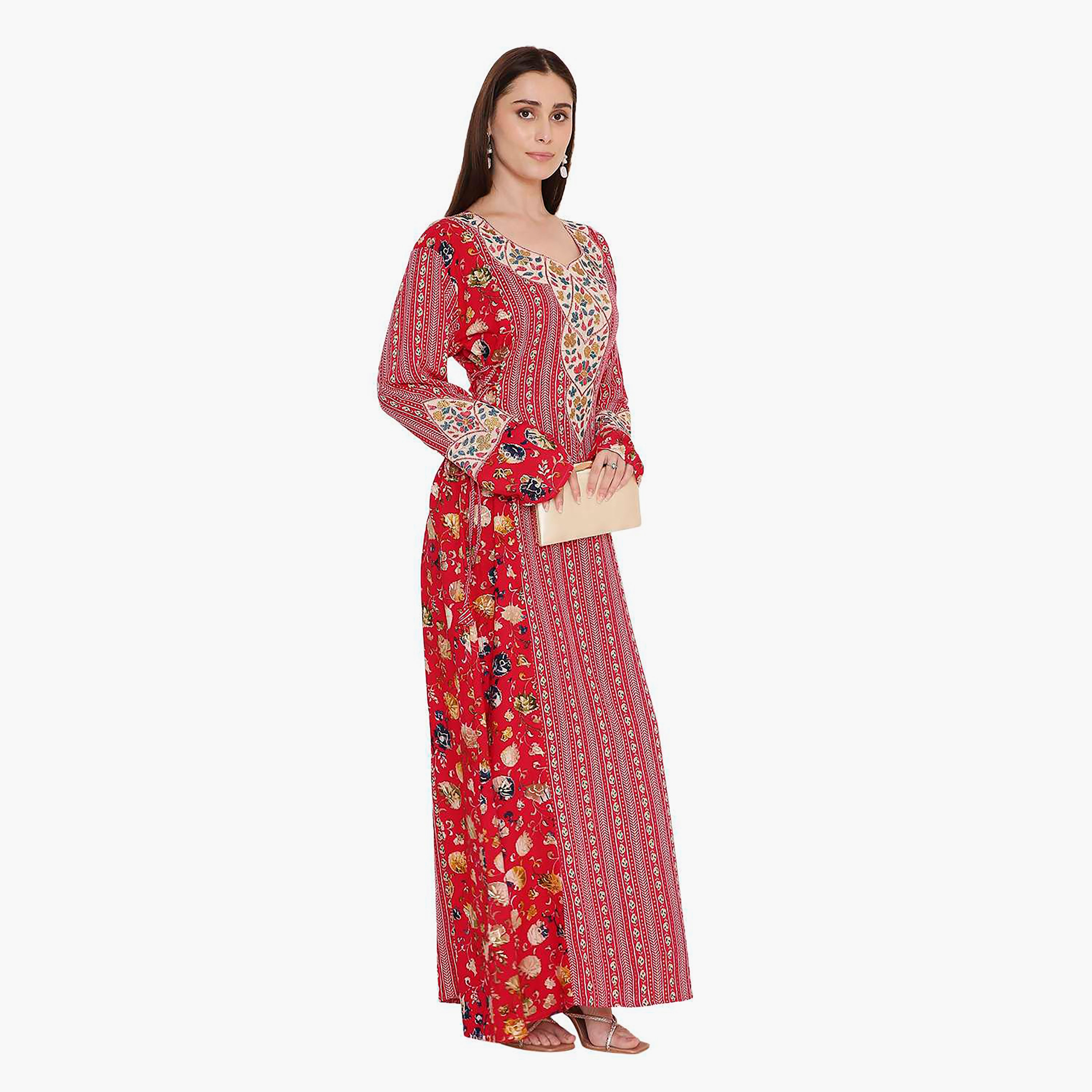 Hana & Sara Red Floral Printed and Embroidered Women's Jalabiya-women-arabicclothing-jalabiyas-image-3