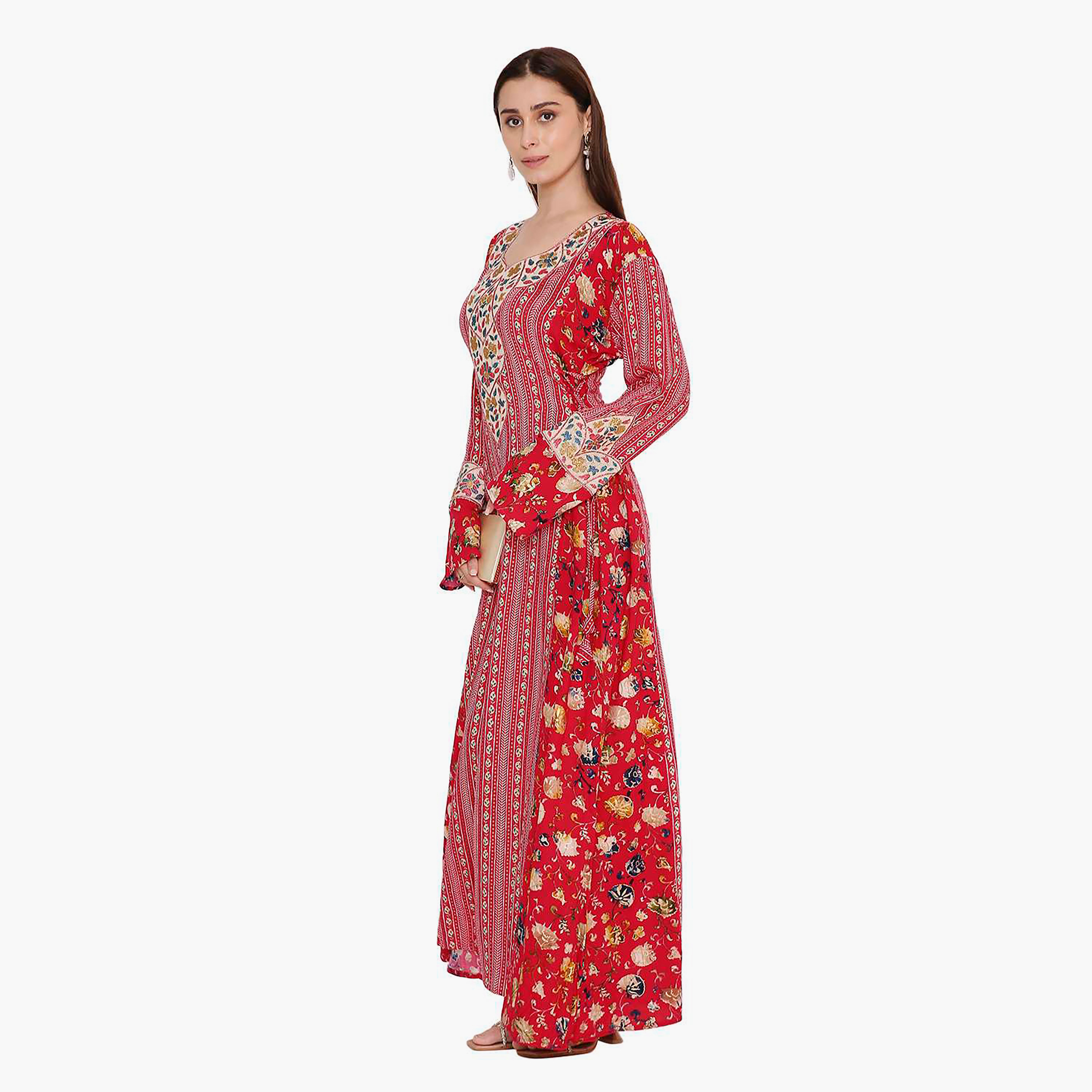 جلابية نسائية حمراء بطبعة زهور وتطريز من هانا اند سارة.-women-arabicclothing-jalabiyas-image-4