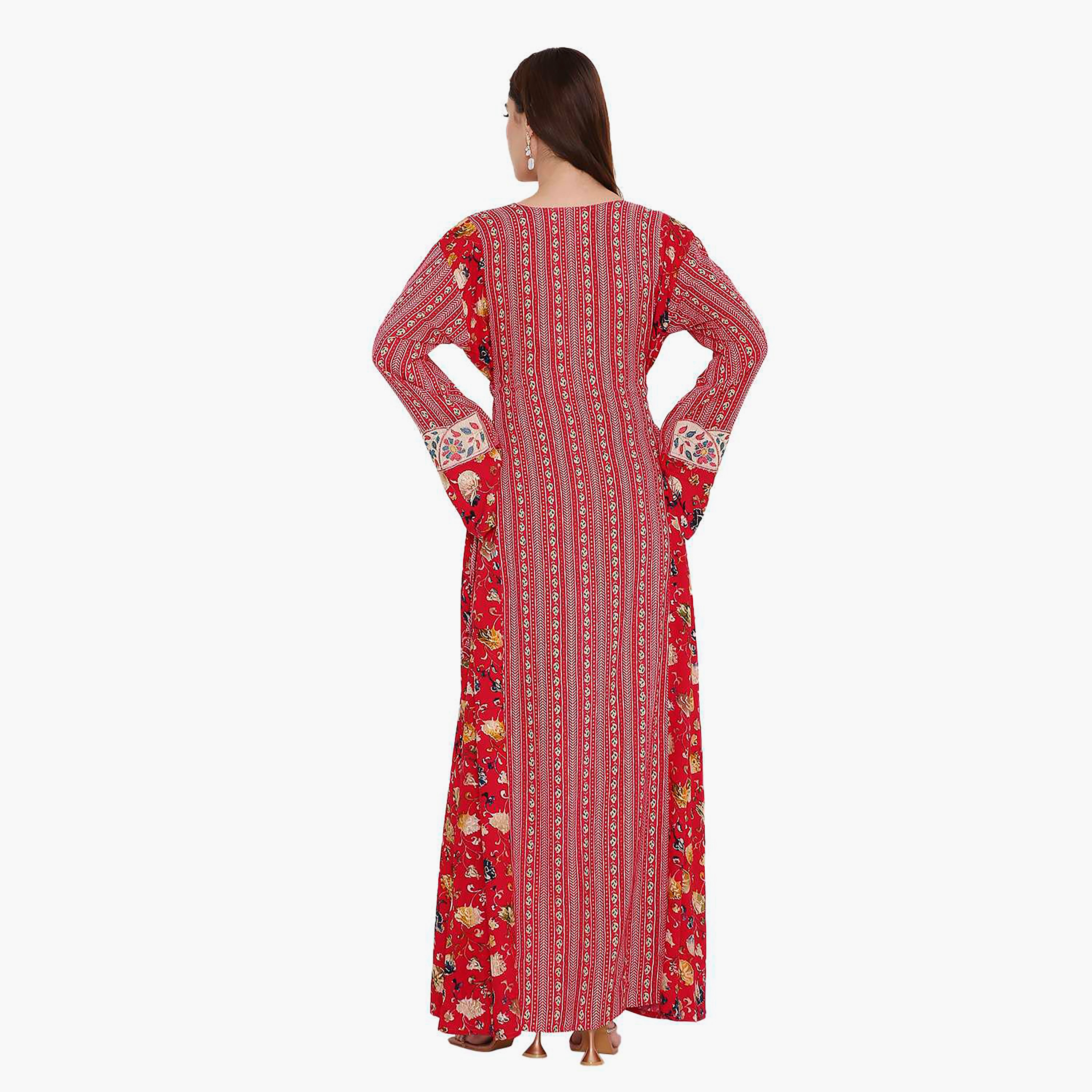 Hana & Sara Red Floral Printed and Embroidered Women's Jalabiya-women-arabicclothing-jalabiyas-image-5