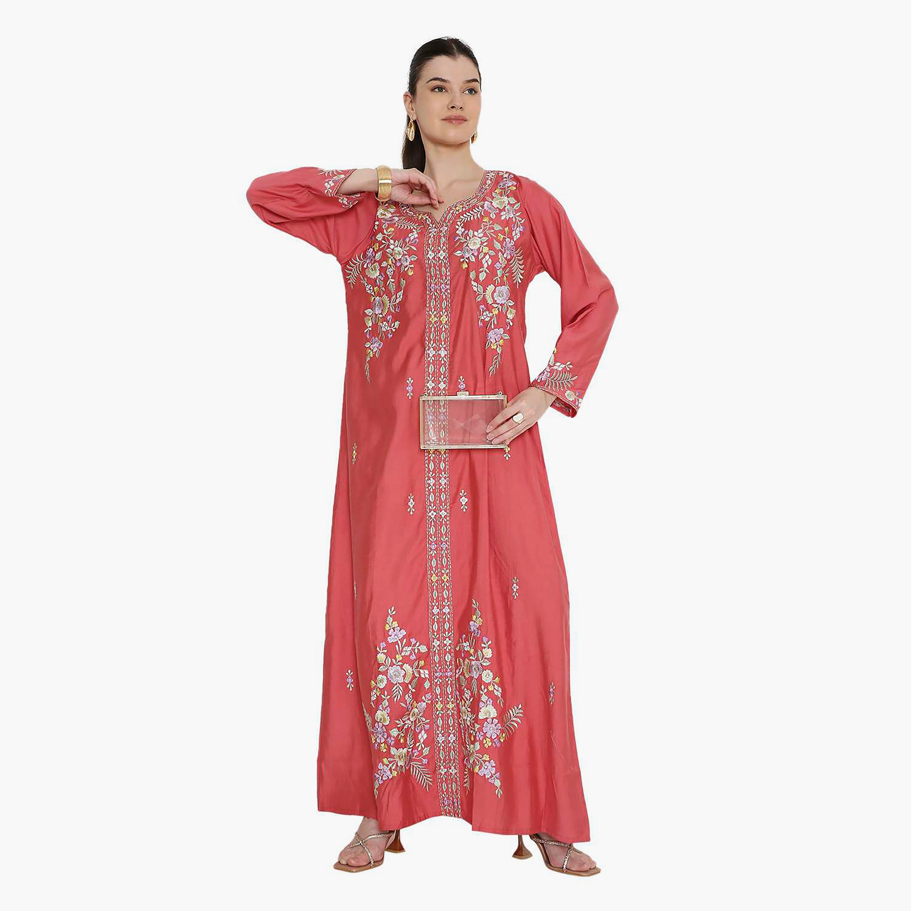 Hana & Sara Round Notch Neck Embroidered Women's Jalabiya-women-arabicclothing-jalabiyas-image-6