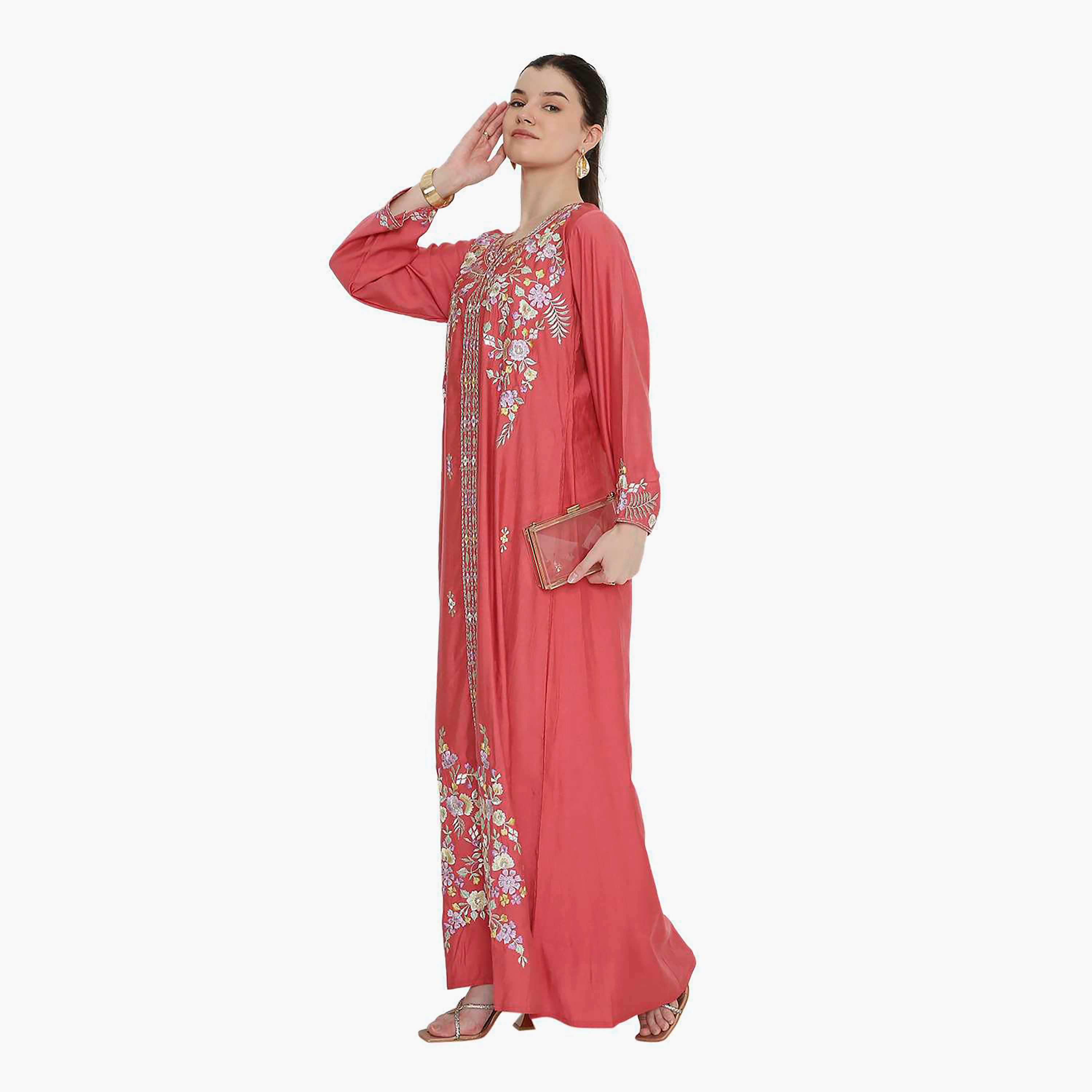 Hana & Sara Round Notch Neck Embroidered Women's Jalabiya-women-arabicclothing-jalabiyas-image-4