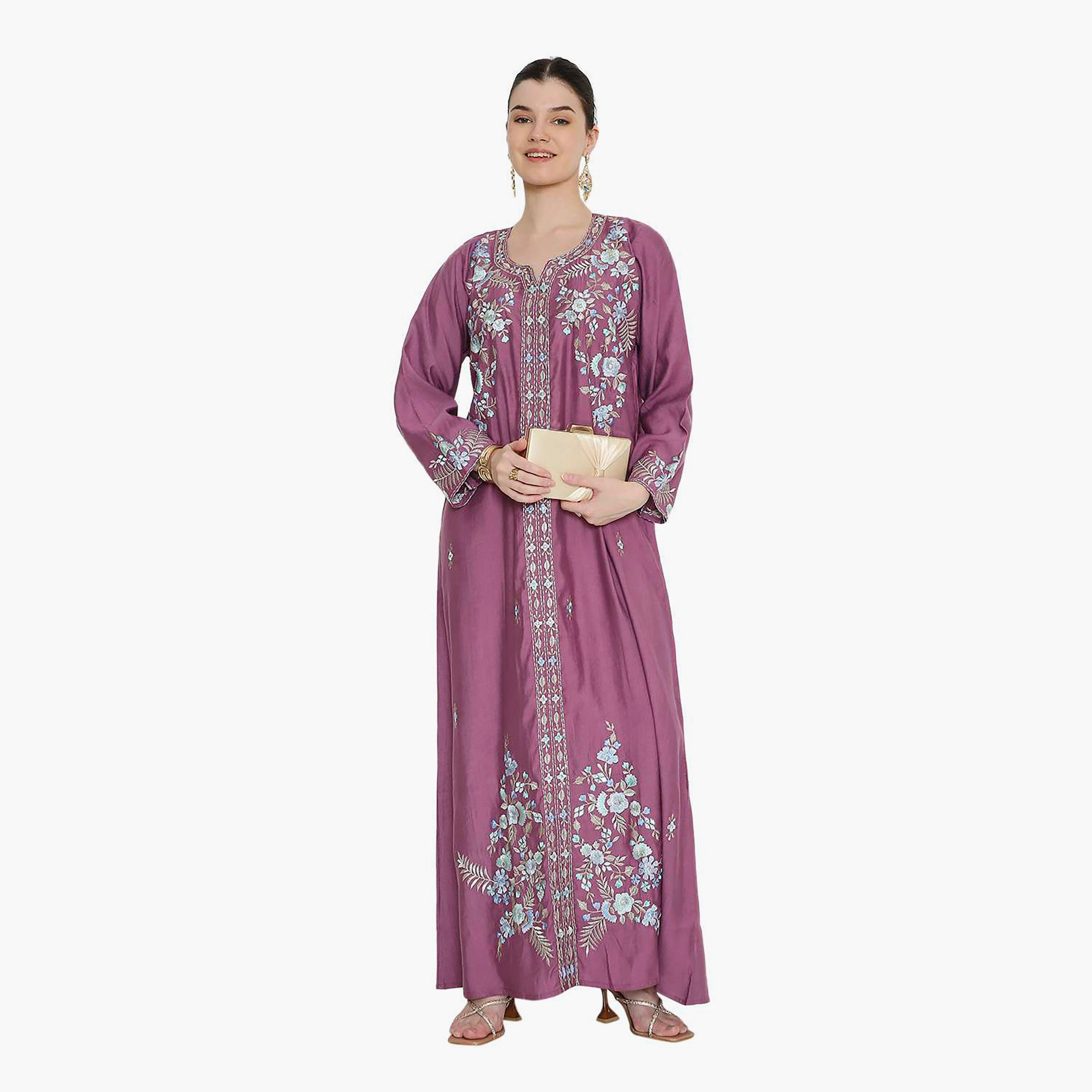 Hana & Sara Round Notch Neck Embroidered Women's Jalabiya-women-arabicclothing-jalabiyas-image-11