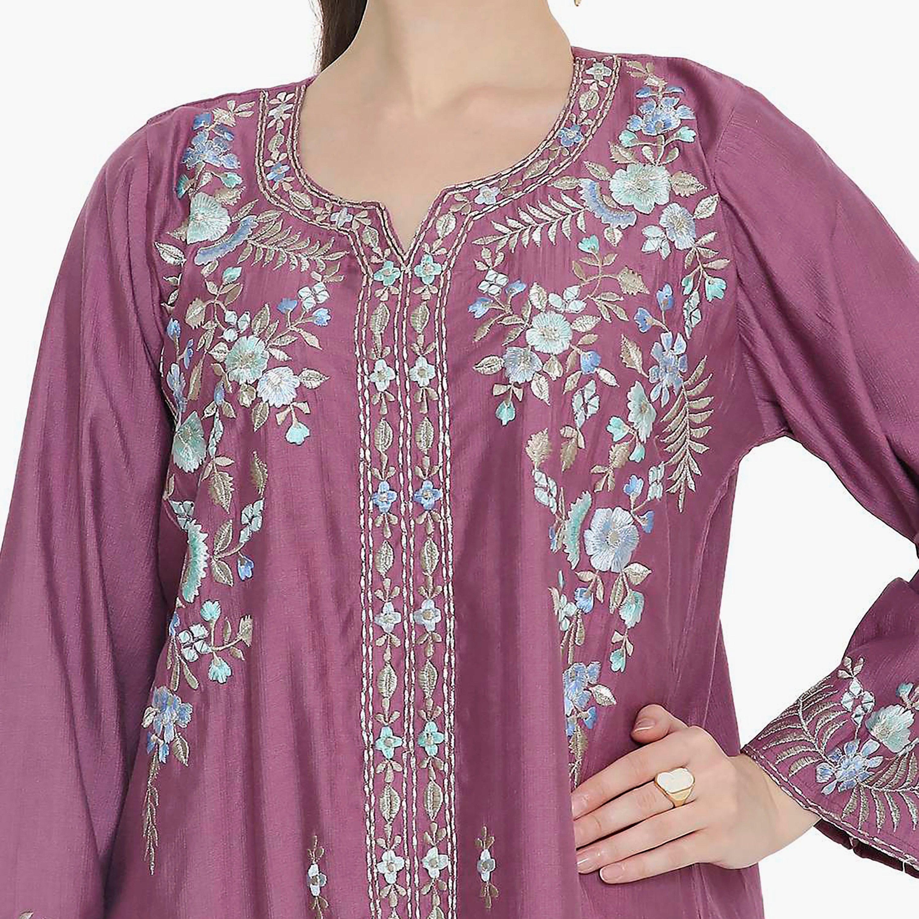 Hana & Sara Round Notch Neck Embroidered Women's Jalabiya-women-arabicclothing-jalabiyas-image-12