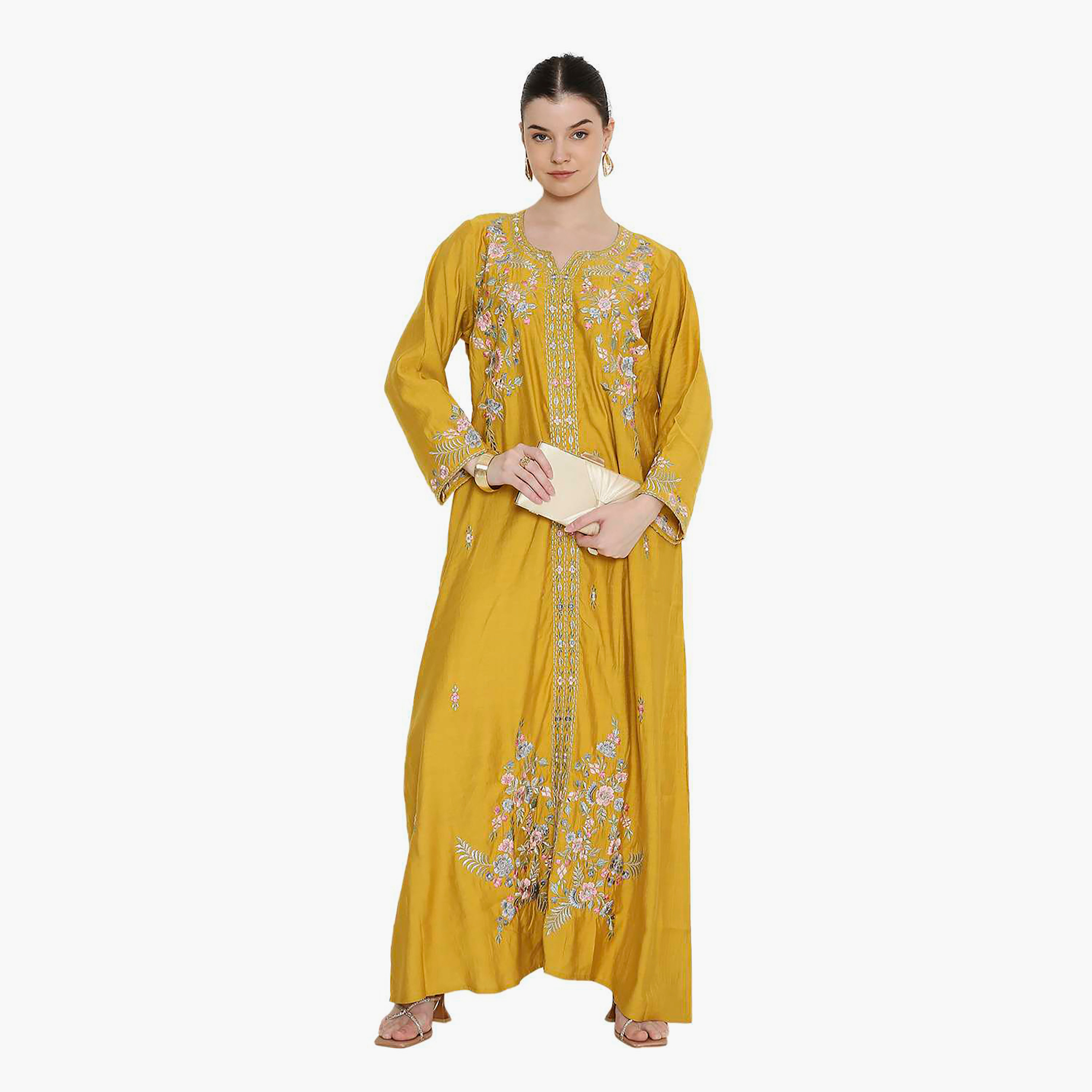 Hana & Sara Round Notch Neck Embroidered Women's Jalabiya-women-arabicclothing-jalabiyas-image-1