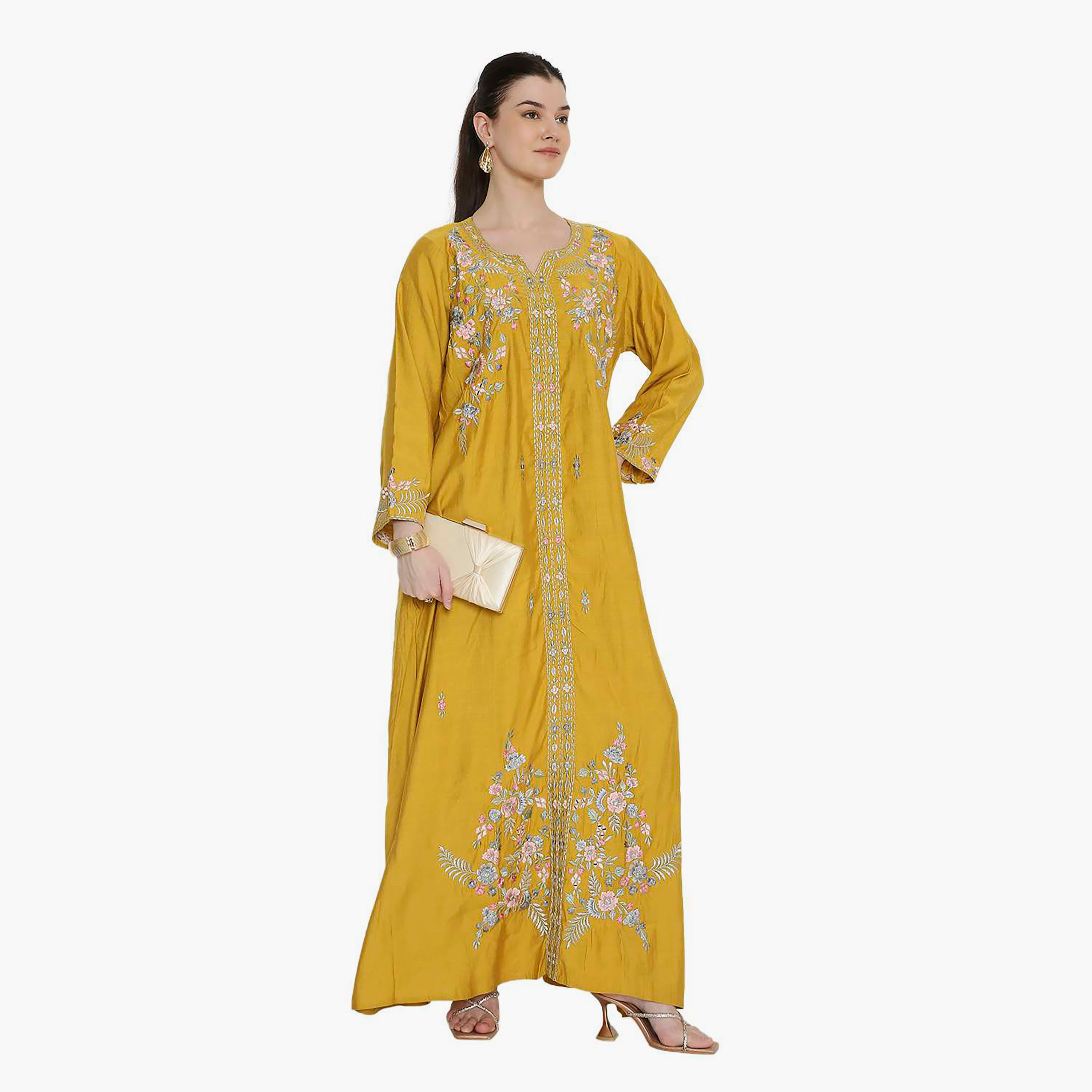 Hana & Sara Round Notch Neck Embroidered Women's Jalabiya-women-arabicclothing-jalabiyas-image-3