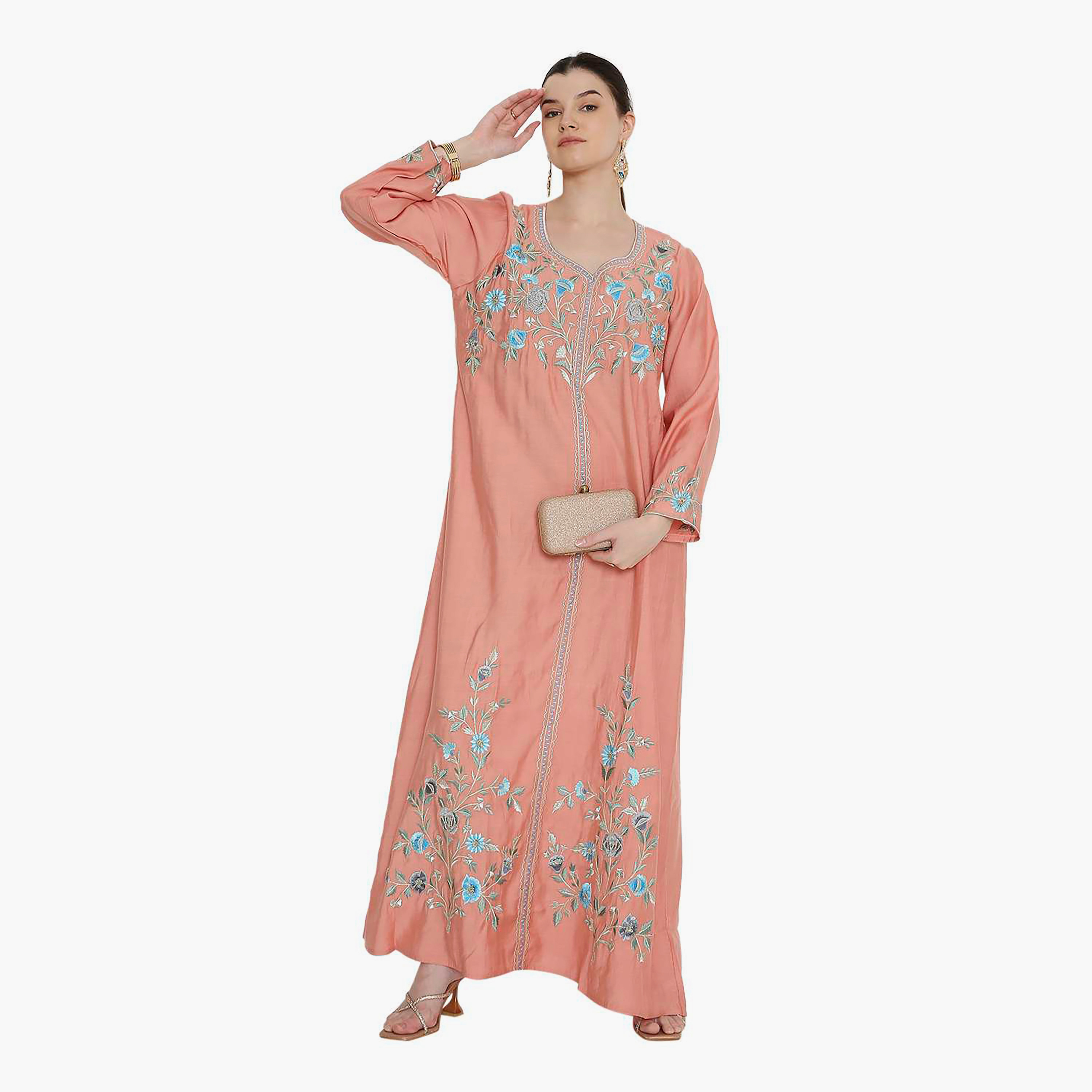 جلابية نسائية وردية مطرزة بنقش زهور من هانا اند سارة.-women-arabicclothing-jalabiyas-image-1
