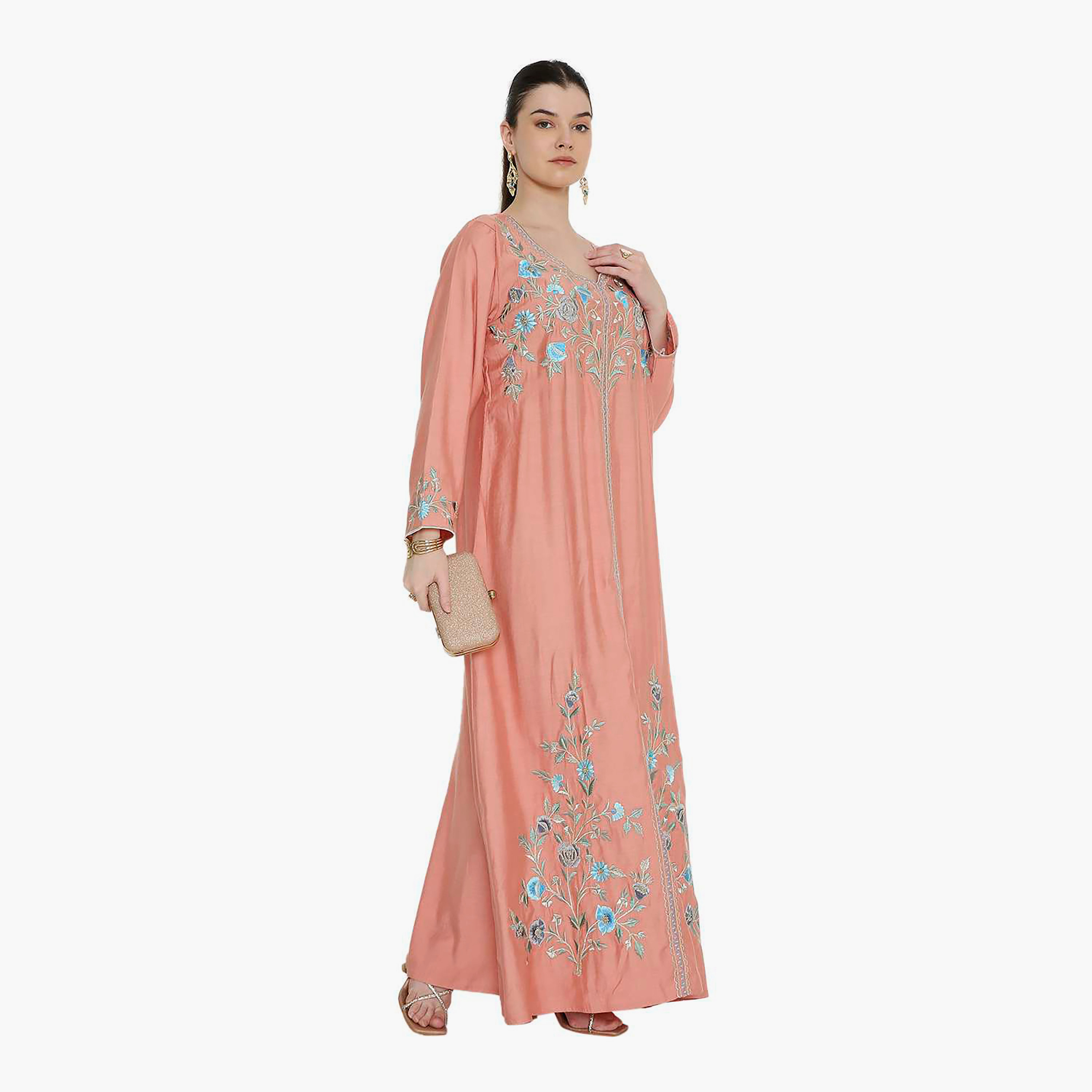 جلابية نسائية وردية مطرزة بنقش زهور من هانا اند سارة.-women-arabicclothing-jalabiyas-image-3