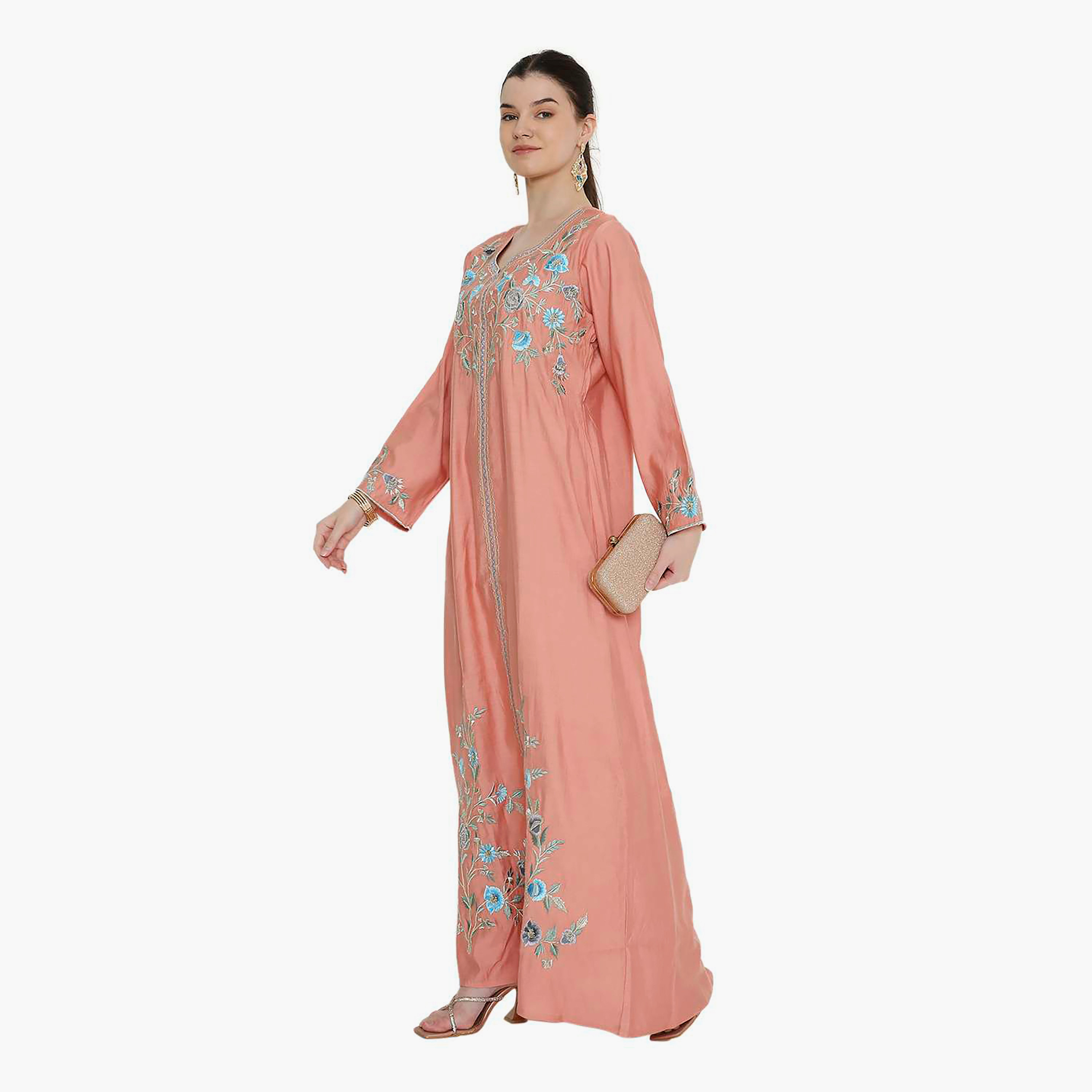 Hana & Sara Pink Floral Embroidered Women's Jalabiya-women-arabicclothing-jalabiyas-image-4