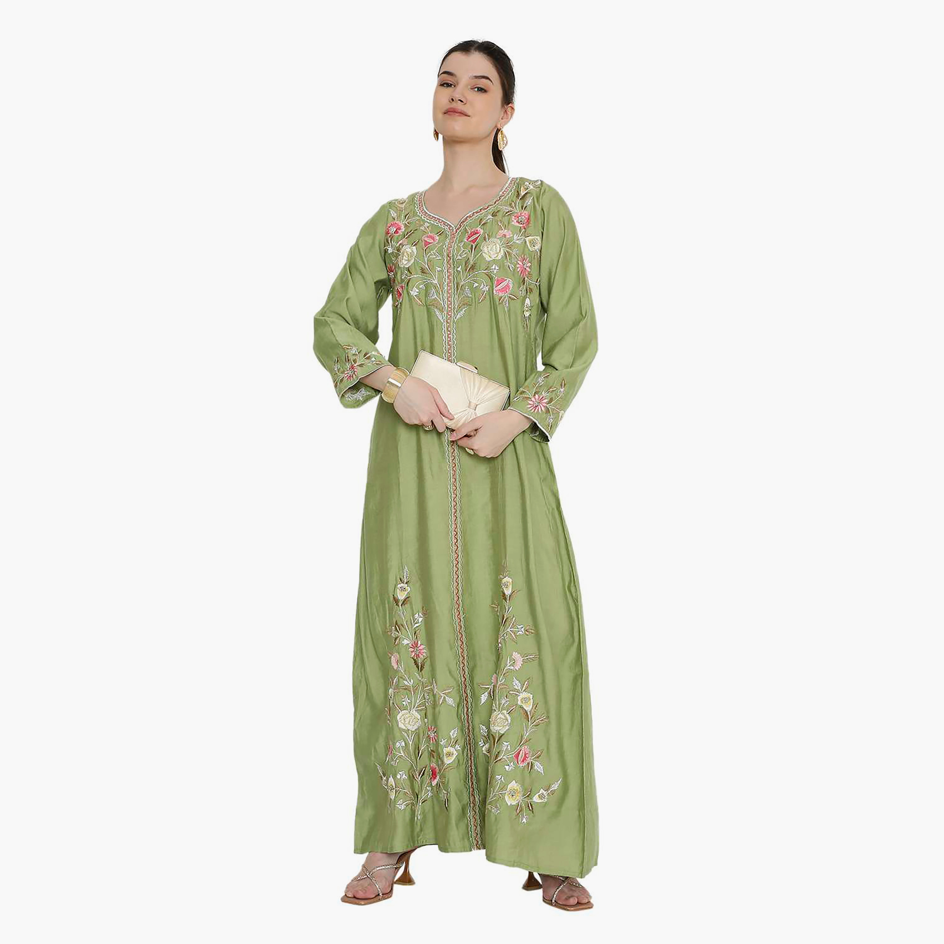 جلابية نسائية خضراء مطرزة بنقش زهور من هانا اند سارة.-women-arabicclothing-jalabiyas-image-1