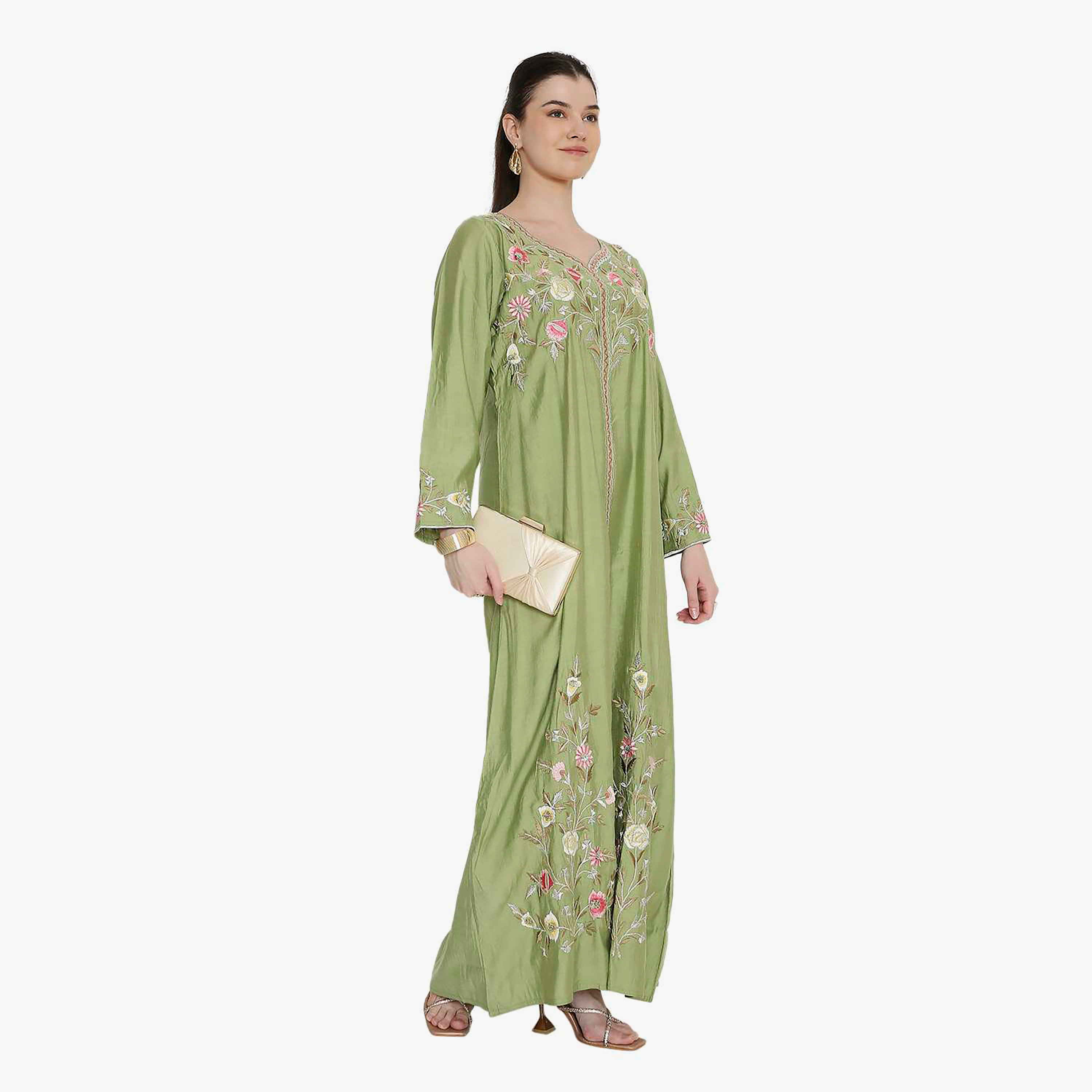 Hana & Sara Green Floral Embroidered Women's Jalabiya-women-arabicclothing-jalabiyas-image-3