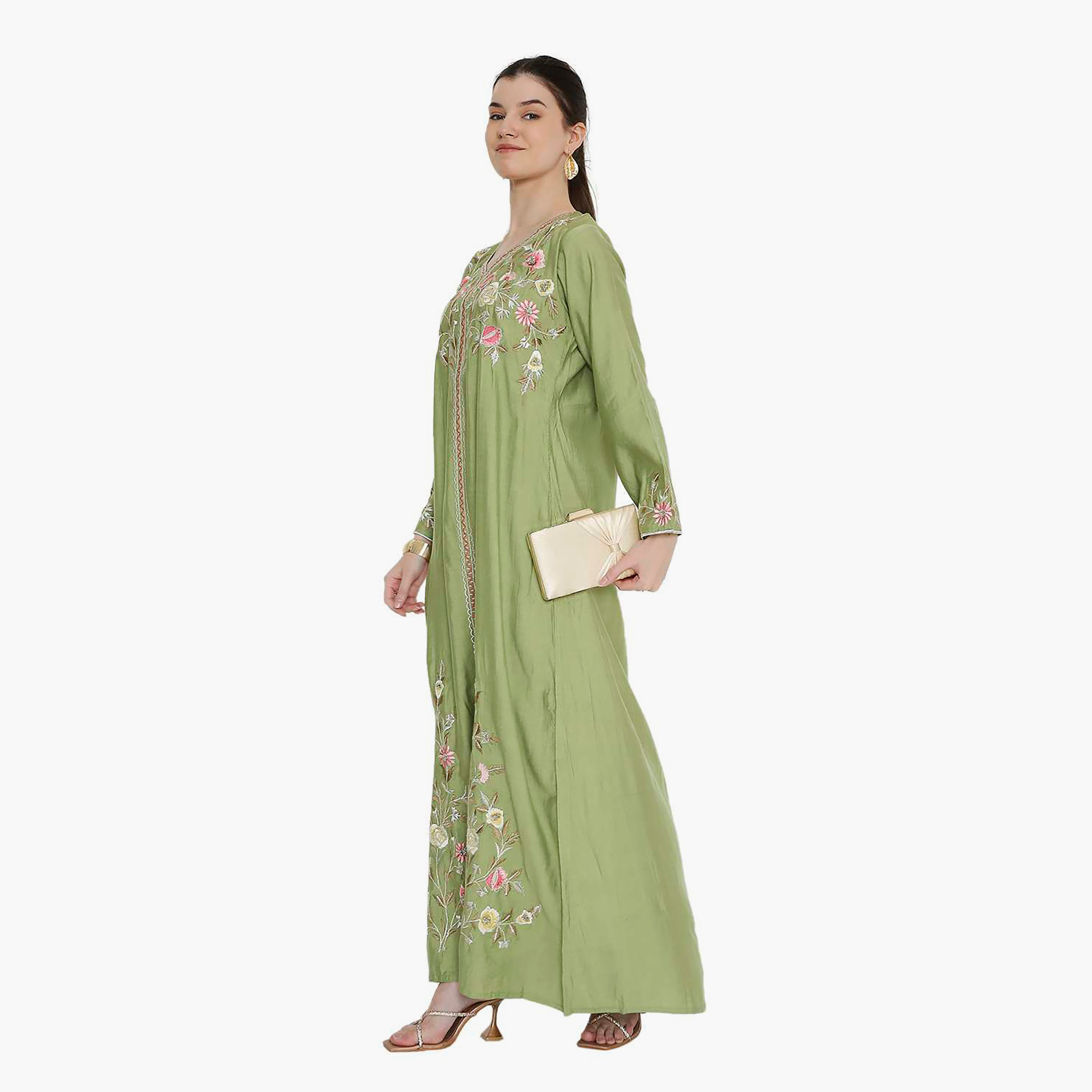 جلابية نسائية خضراء مطرزة بنقش زهور من هانا اند سارة.-women-arabicclothing-jalabiyas-image-4