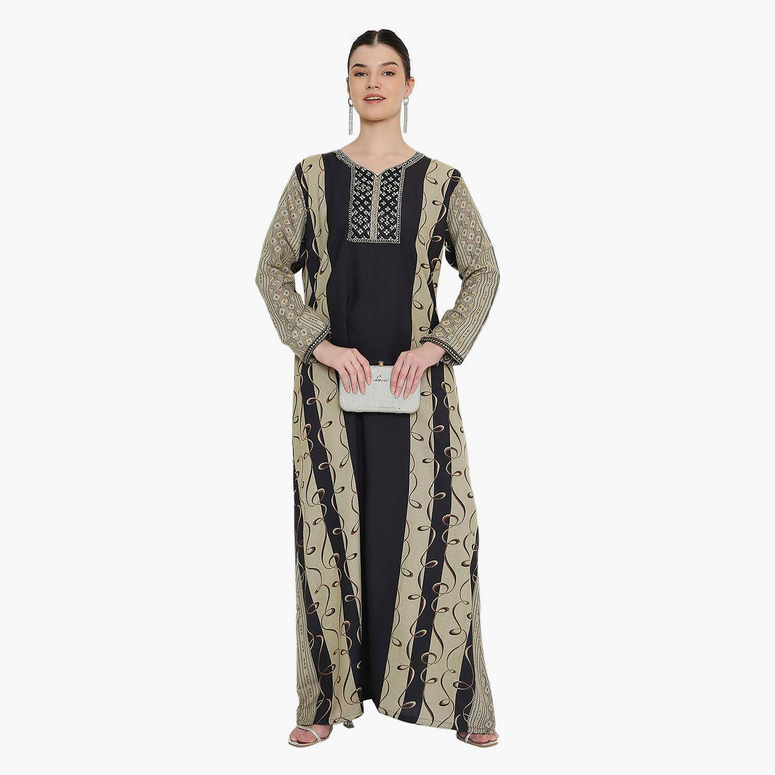 Hana & Sara Geometric Printed and Embroidered Yoke Women's Jalabiya-women-arabicclothing-jalabiyas-image-6