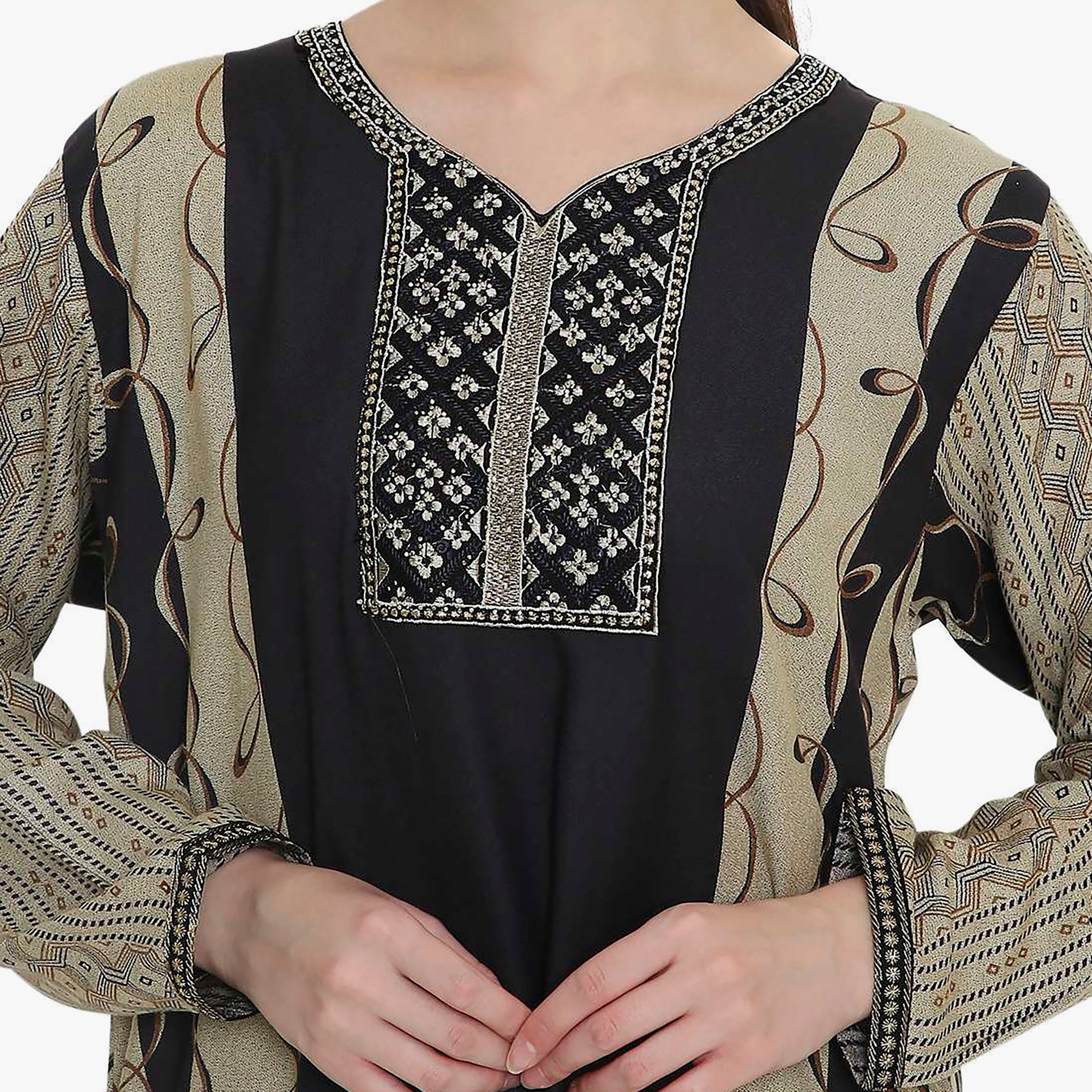 Hana & Sara Geometric Printed and Embroidered Yoke Women's Jalabiya-women-arabicclothing-jalabiyas-image-7