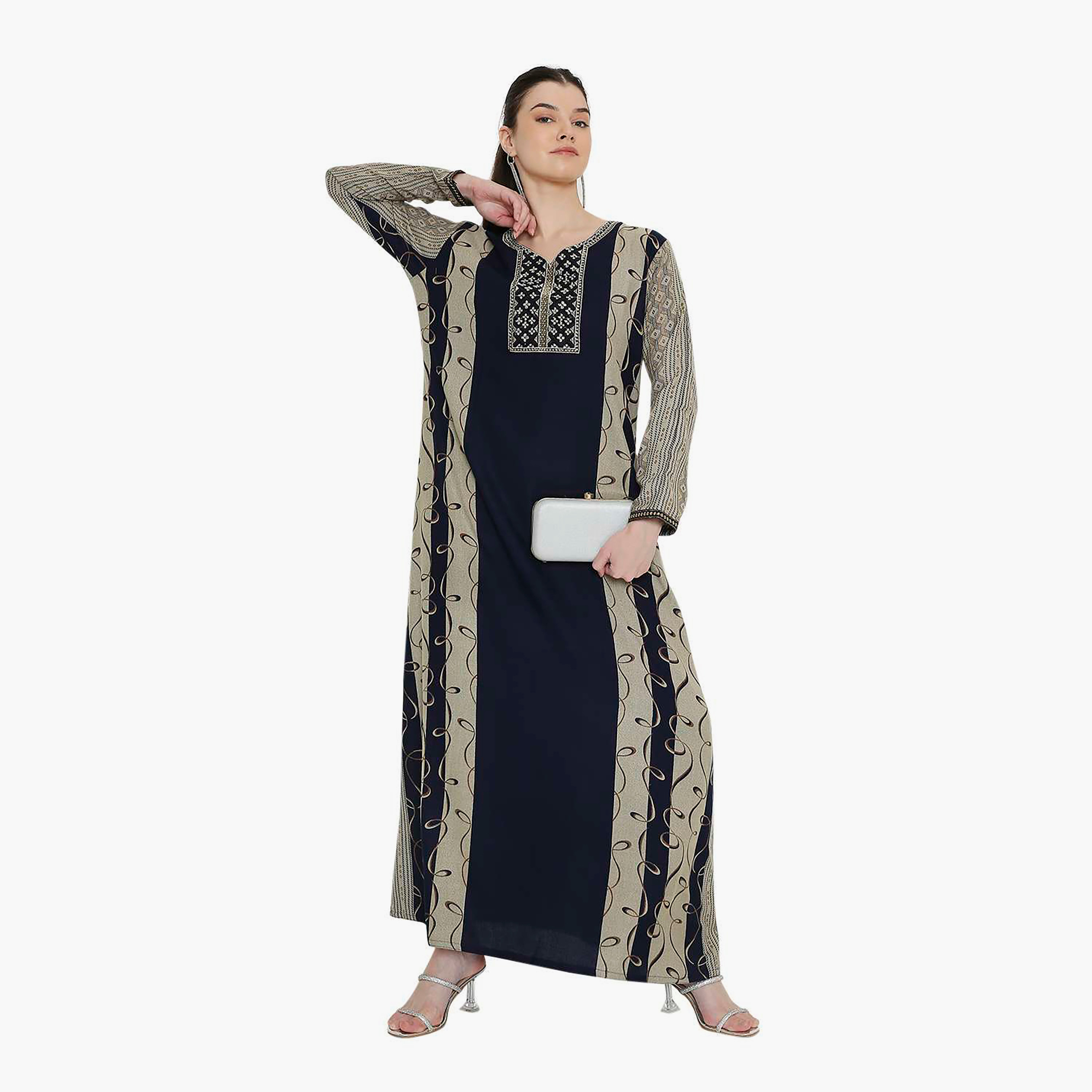 Hana & Sara Geometric Printed and Embroidered Yoke Women's Jalabiya-women-arabicclothing-jalabiyas-image-11
