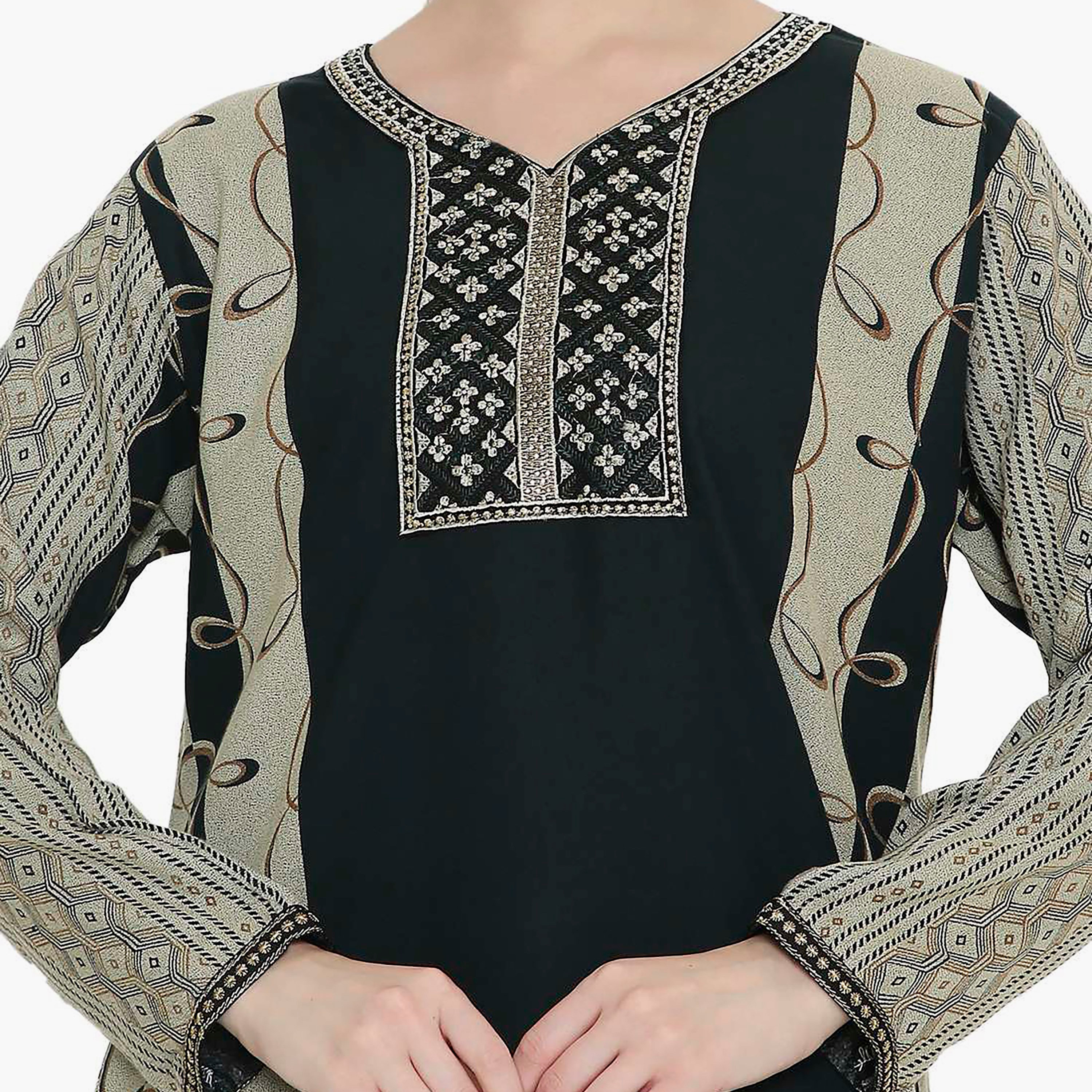 Hana & Sara Geometric Printed and Embroidered Yoke Women's Jalabiya-women-arabicclothing-jalabiyas-image-2