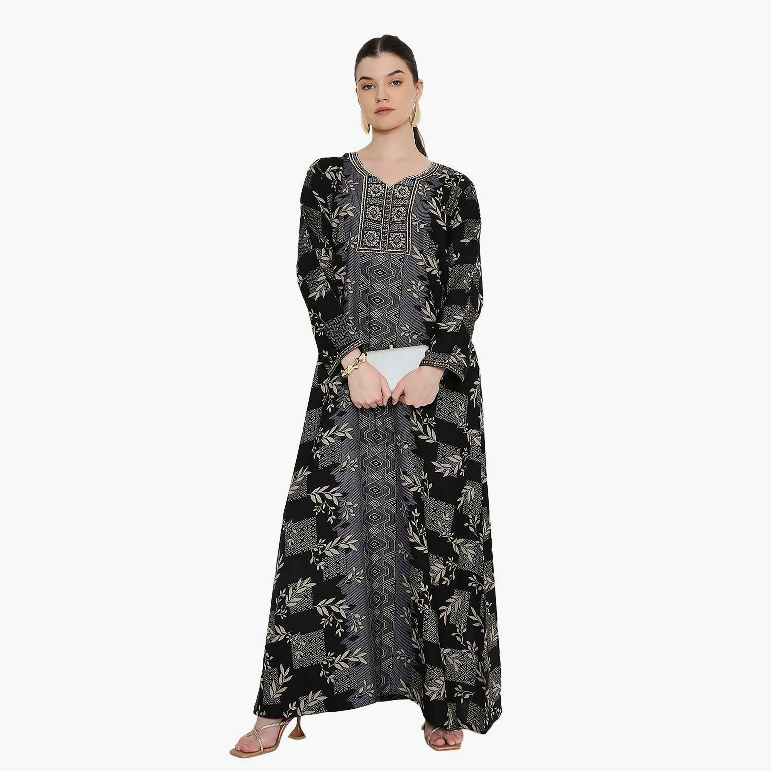 Hana & Sara Printed and Embroidered Yoke Women's Jalabiya-women-arabicclothing-jalabiyas-image-11