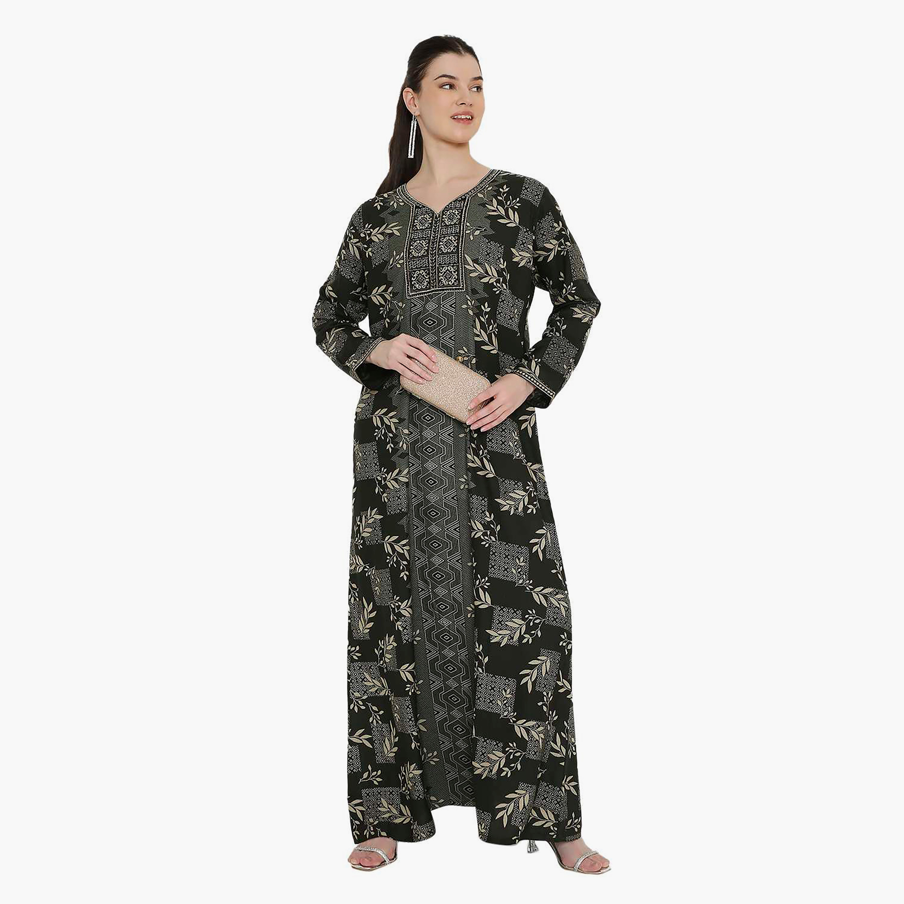 جلابية نسائية مطبوعة ومطرزة على الصدر من هانا اند سارة.-women-arabicclothing-jalabiyas-image-1