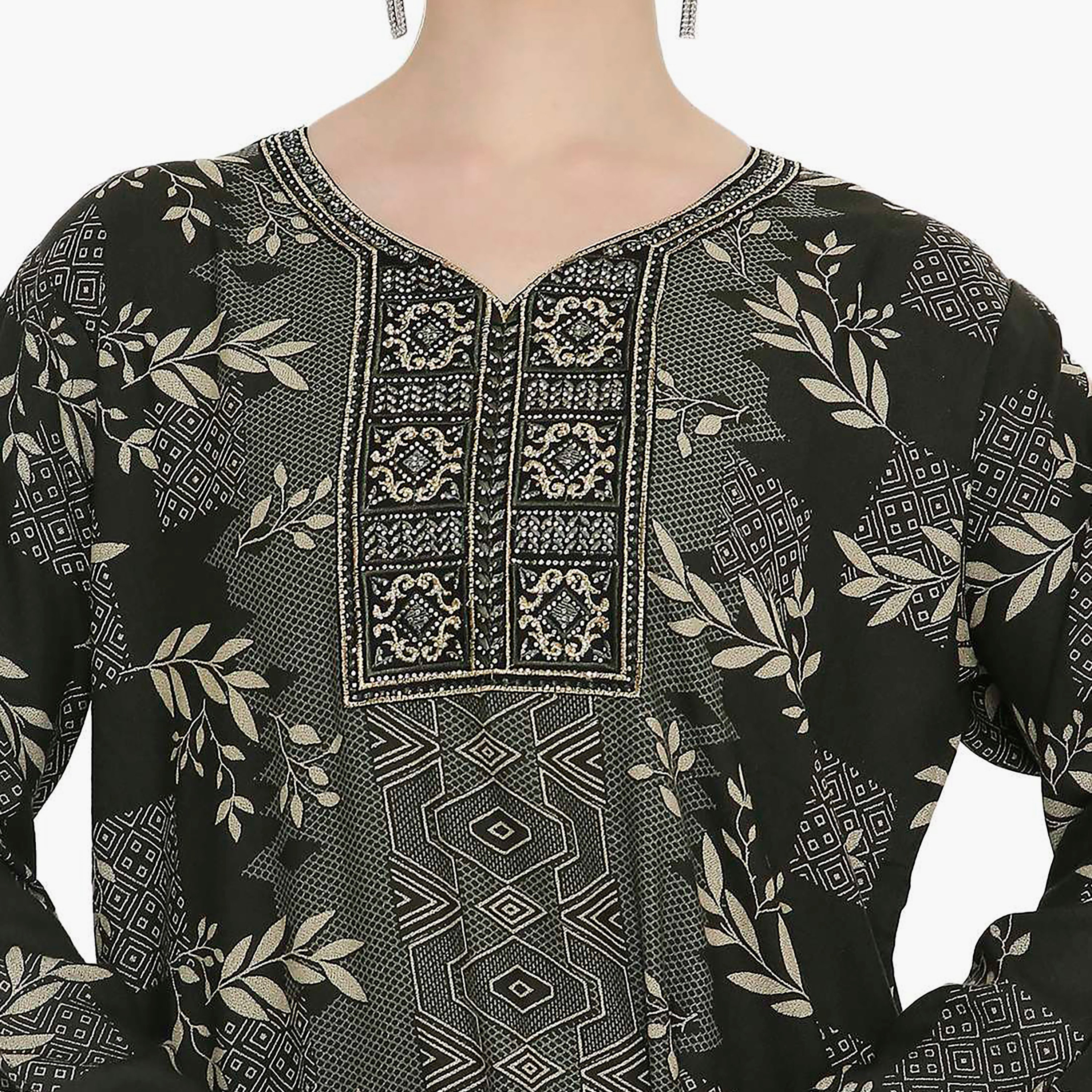 Hana & Sara Printed and Embroidered Yoke Women's Jalabiya-women-arabicclothing-jalabiyas-image-2