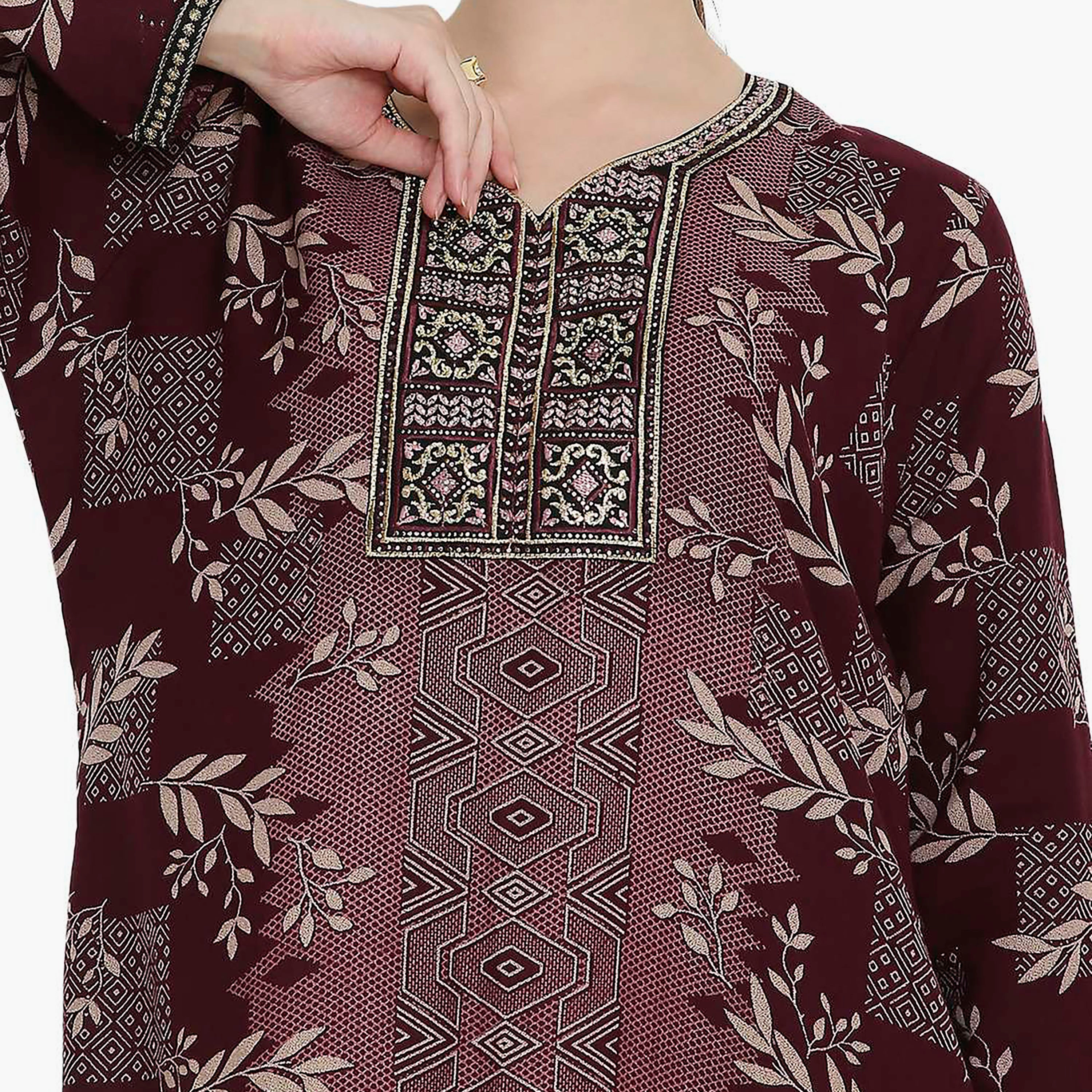 Hana & Sara Printed and Embroidered Yoke Women's Jalabiya-women-arabicclothing-jalabiyas-image-7