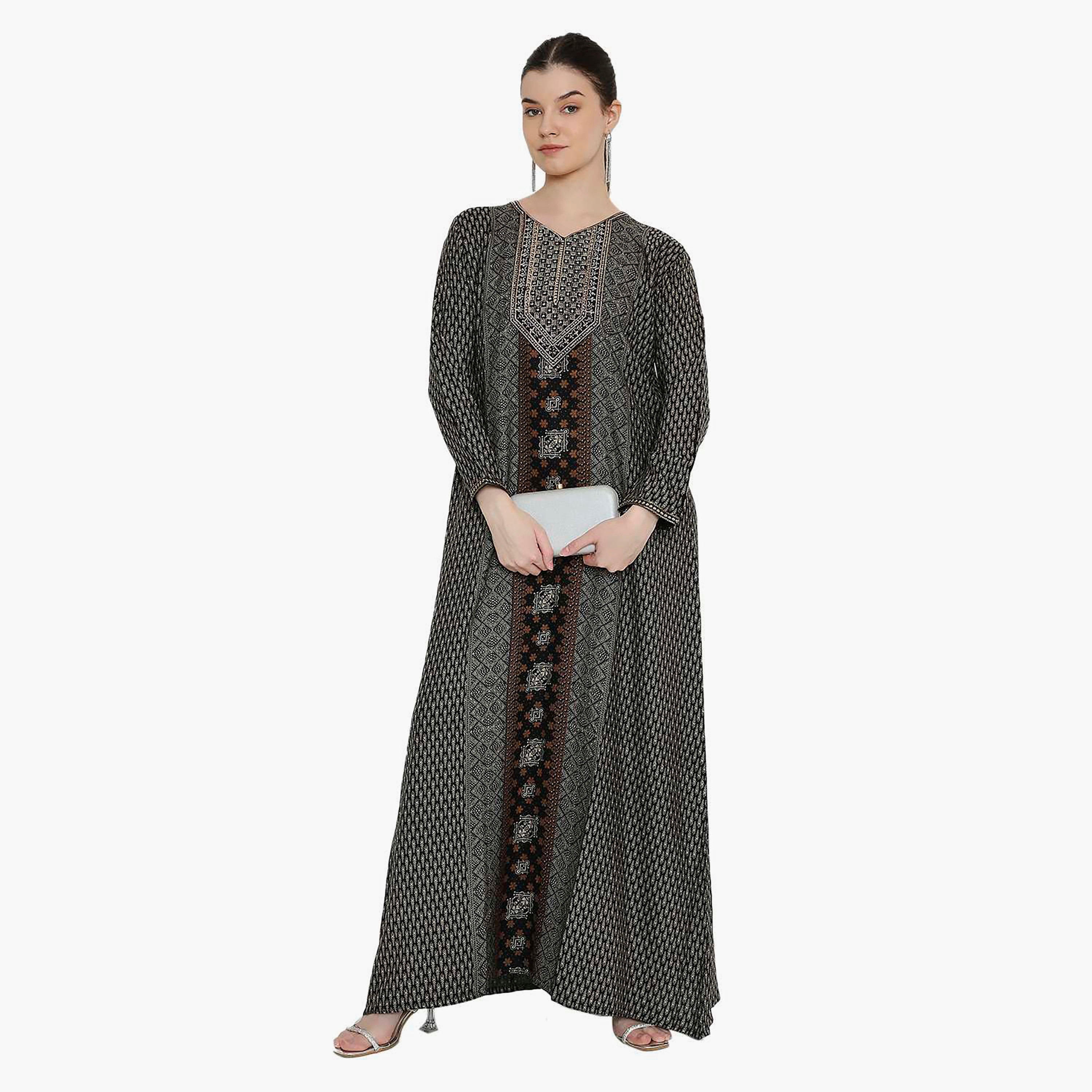 جلابية نسائية بطبعة هندسية وتطريز على الصدر من هانا اند سارة.-women-arabicclothing-jalabiyas-image-1